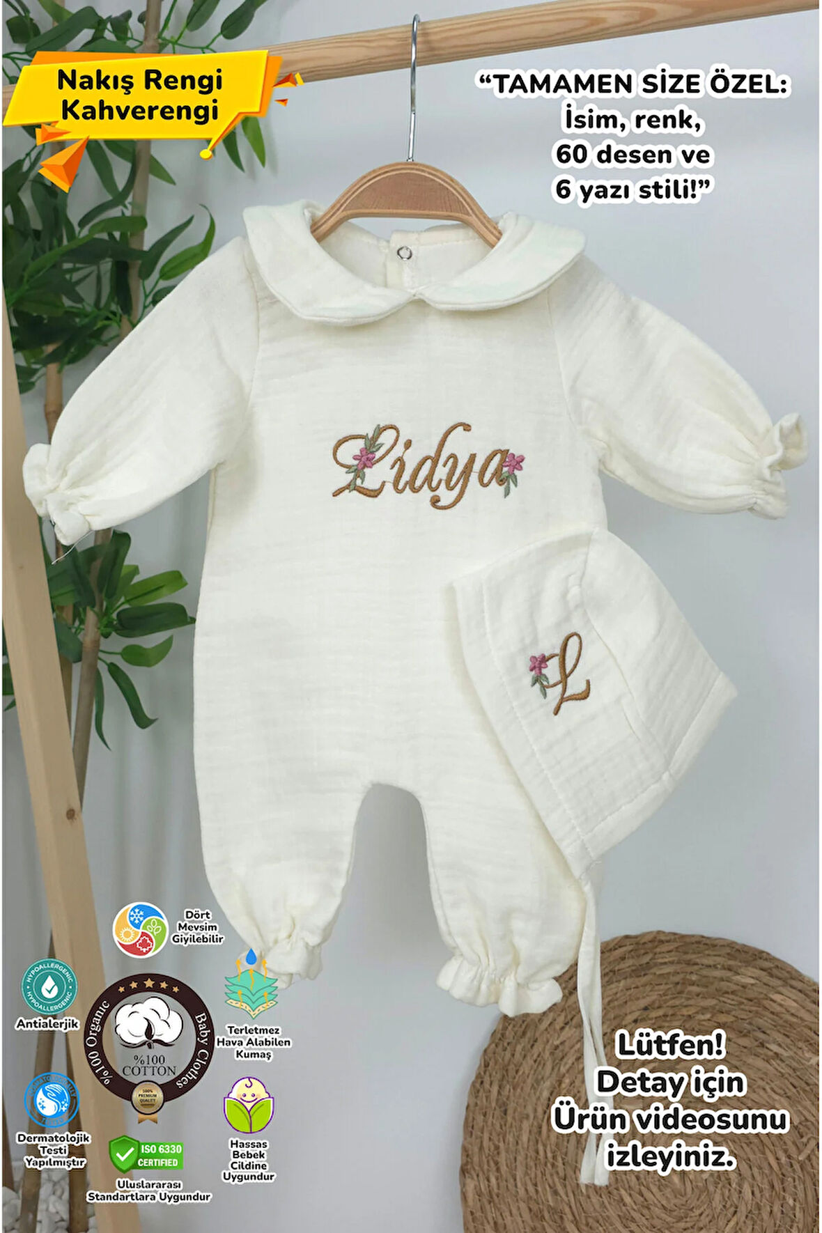 Müslin Yeni Doğan 4Katlı Organik %100Pamuk Kişiye Özgü Nakışlı Hastane Çıkış Seti (Papatya Model-9)