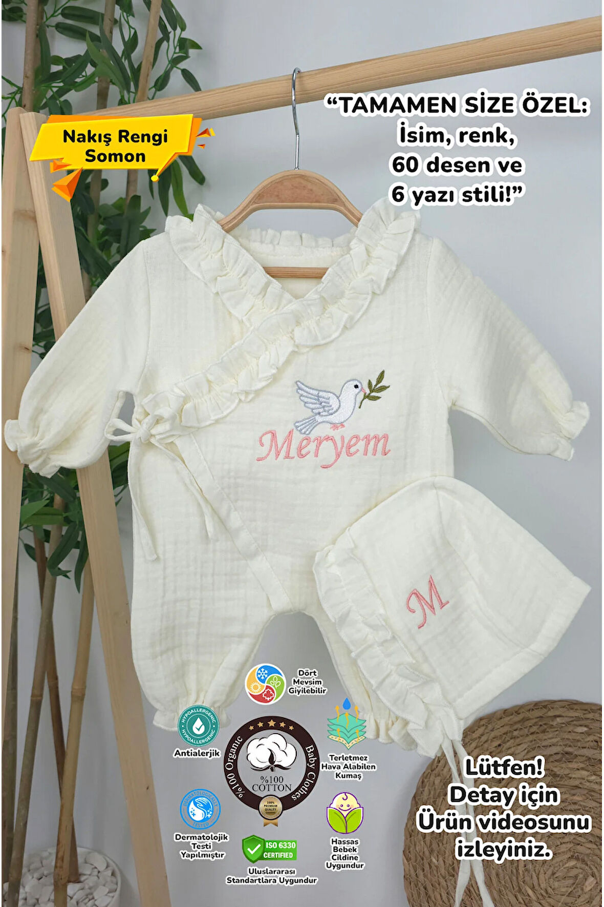 Müslin Yeni Doğan 4Katlı Organik %100Pamuk Kişiye Özgü Nakışlı Hastane Çıkış Setİ (Kuş Model-3)