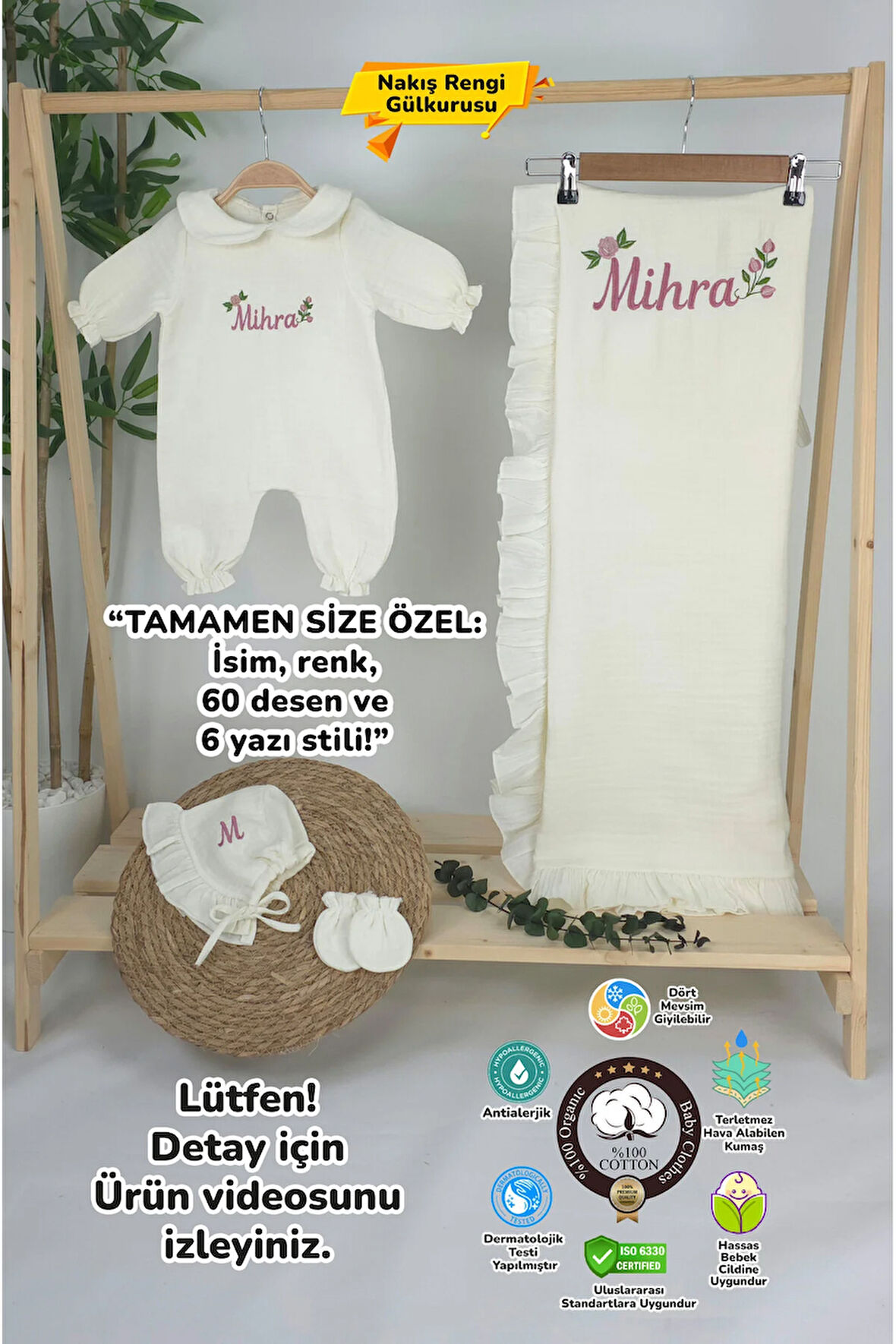 Müslin Yeni Doğan 4Katlı Organik %100Pamuk Kişiye Özgü Nakışlı Hastane Çıkış Seti (Güllü Mode-3)