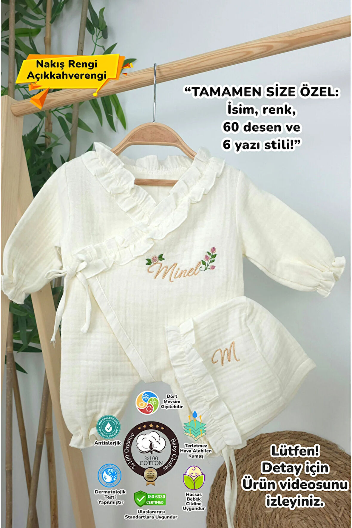 Müslin Yeni Doğan 4Katlı Organik %100Pamuk Kişiye Özgü Nakışlı Hastane Çıkış Seti (Güllü Model-4)