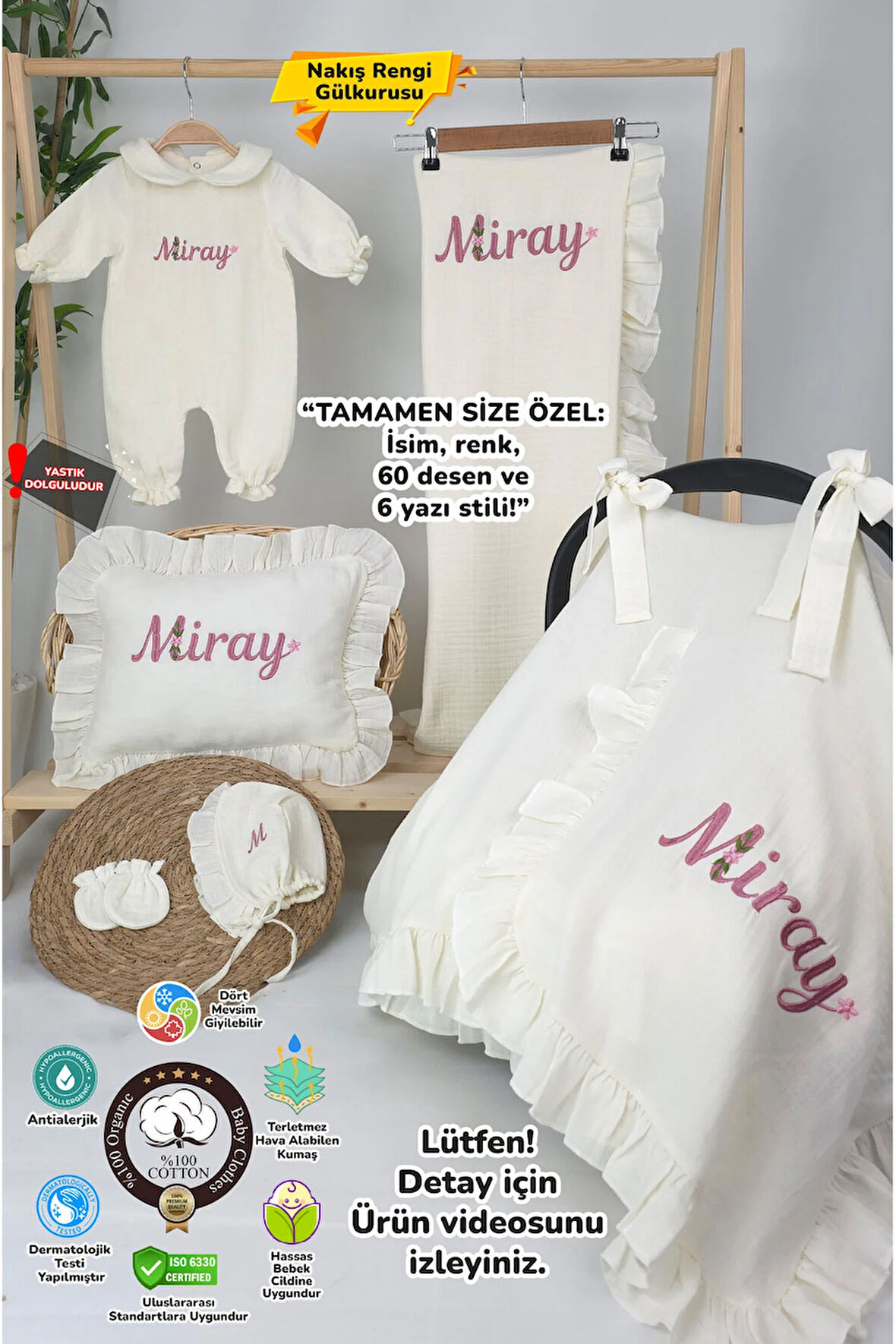 Müslin Yeni Doğan 4Katlı Organik %100Pamuk Kişiye Özgü Nakışlı Hastane Çıkış Seti (Papatya Model-12)