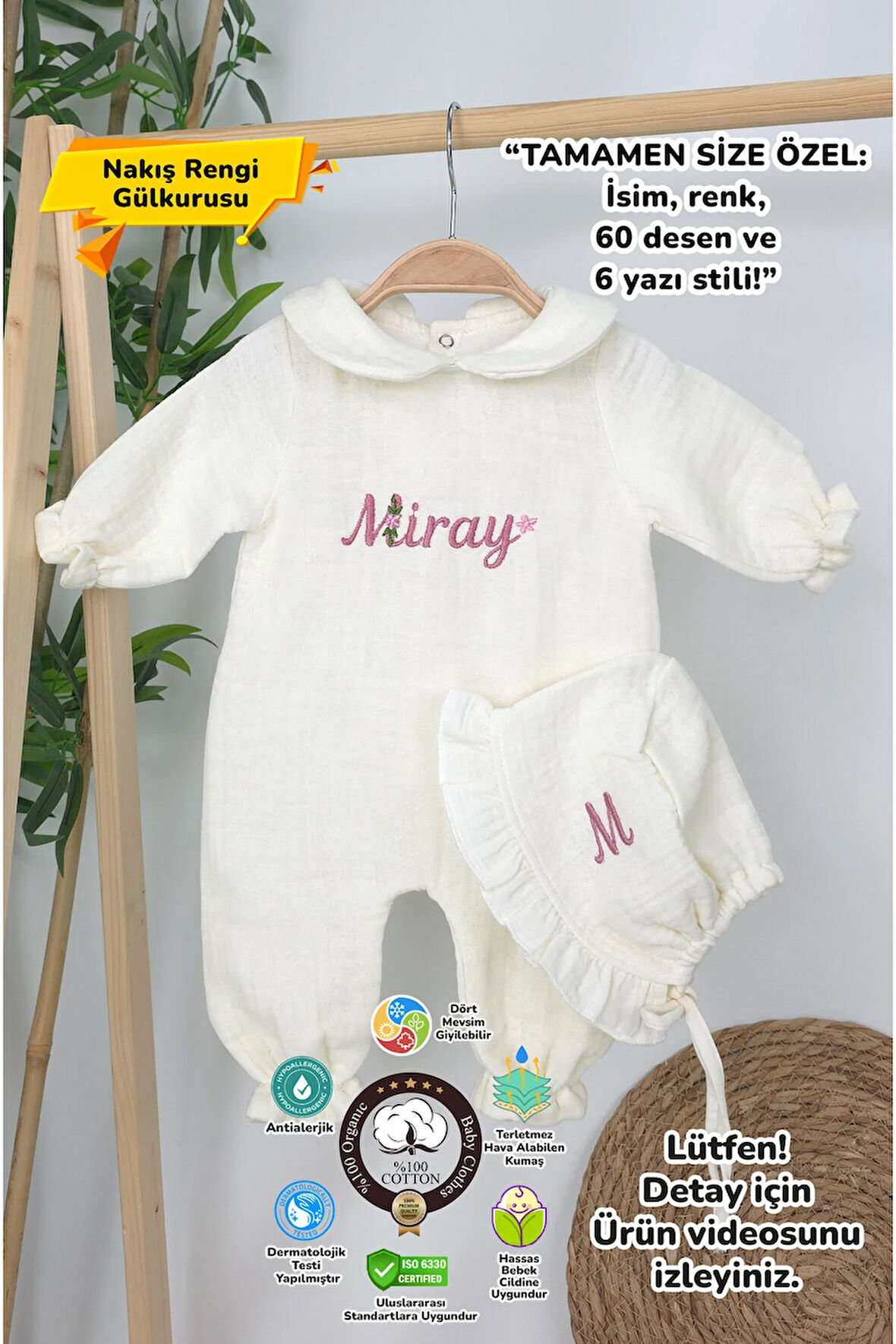 Müslin Yeni Doğan 4Katlı Organik %100Pamuk Kişiye Özgü Nakışlı Hastane Çıkış Seti (Papatya Model-12)