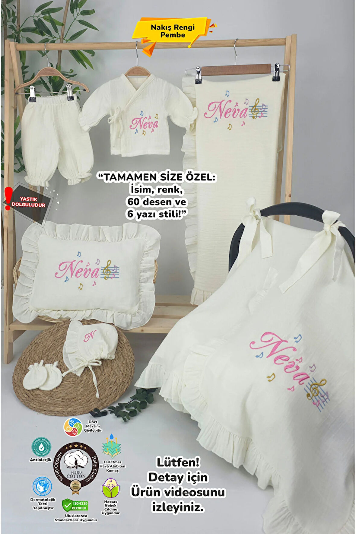 Müslin Yeni Doğan 4Katlı Organik %100Pamuk Kişiye Özgü Nakışlı Hastane Çıkış Seti (Nota Model)