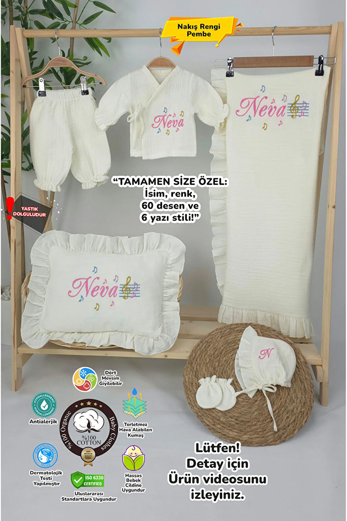 Müslin Yeni Doğan 4Katlı Organik %100Pamuk Kişiye Özgü Nakışlı Hastane Çıkış Seti (Nota Model)