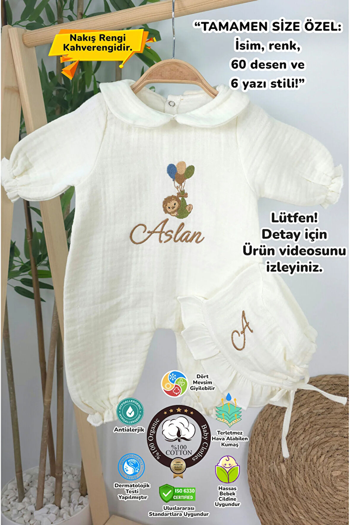 Müslin Yeni Doğan 4Katlı Organik %100Pamuk Kişiye Özgü Nakışlı Hastane Çıkış Seti-Aslan Model