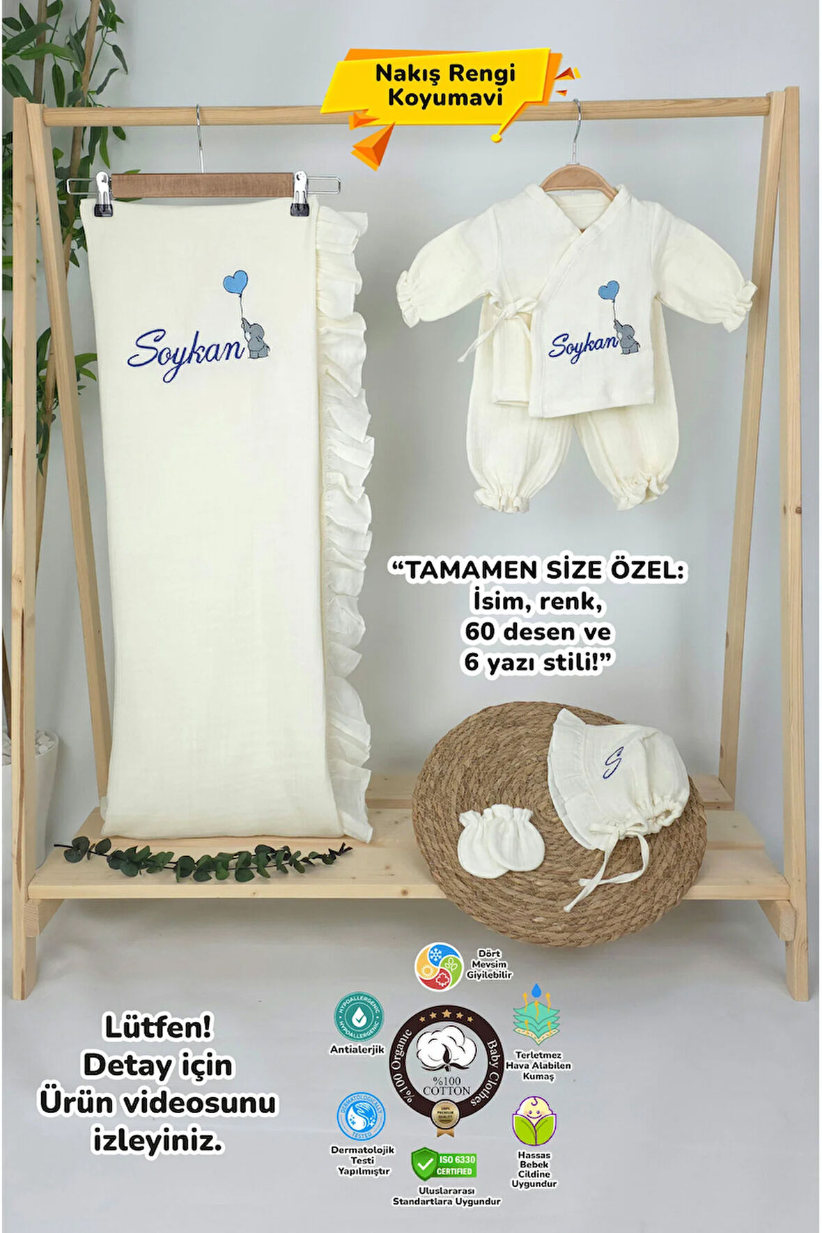 Müslin Yeni Doğan 4Katlı Organik %100Pamuk Kişiye Özgü Nakışlı Hastane Çıkış Seti (Filli Model-2)