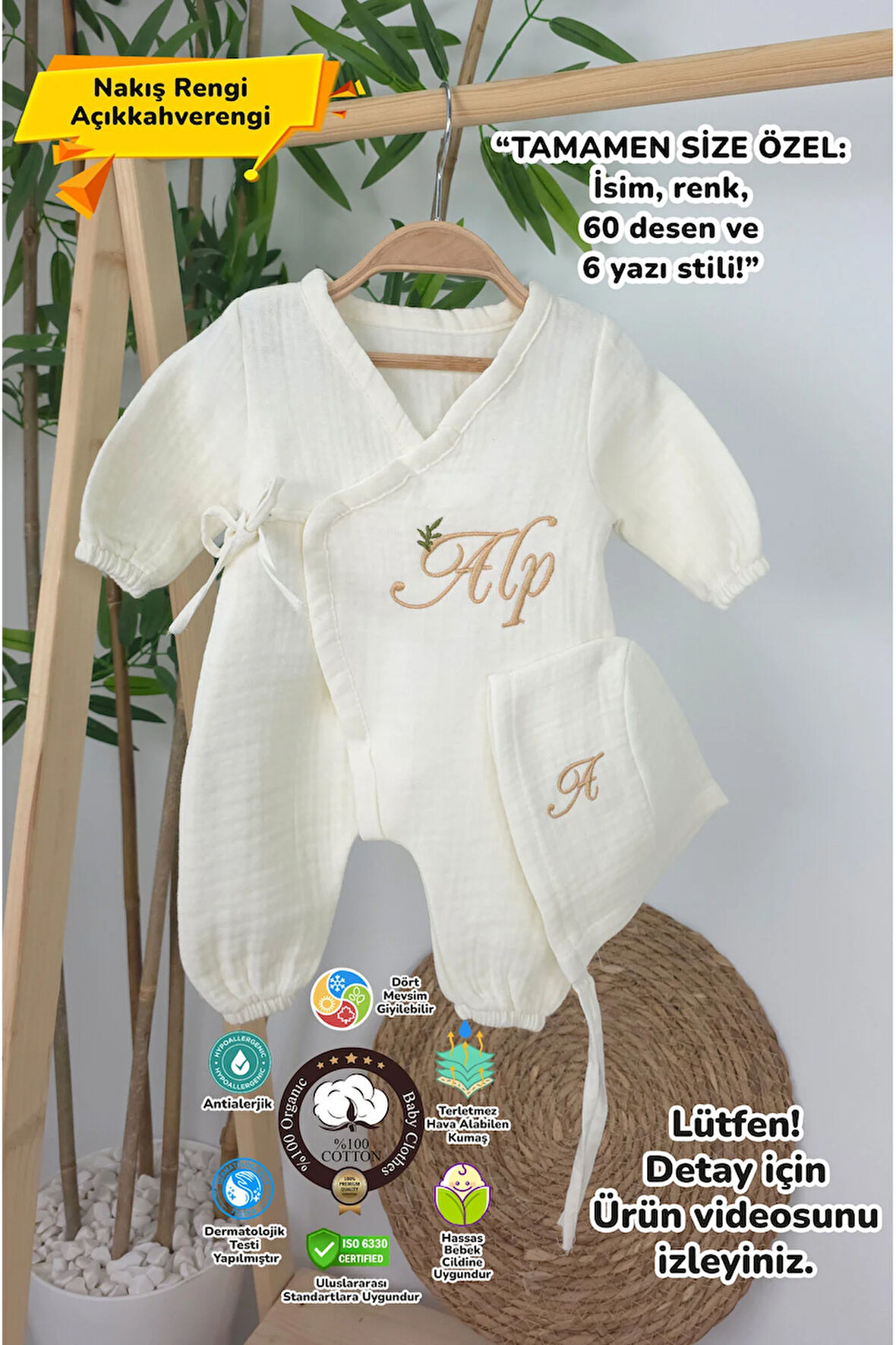 Müslin Yeni Doğan 4Katlı Organik %100Pamuk Kişiye Özgü Nakışlı Hastane Çıkış Seti(İki Dallı Model-4)