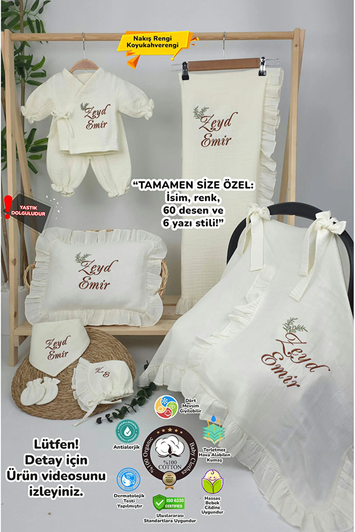 Müslin Yeni Doğan 4Katlı Organik %100Pamuk Kişiye Özgü Nakışlı Hastane Çıkış Seti(İkili Dal Model-5)