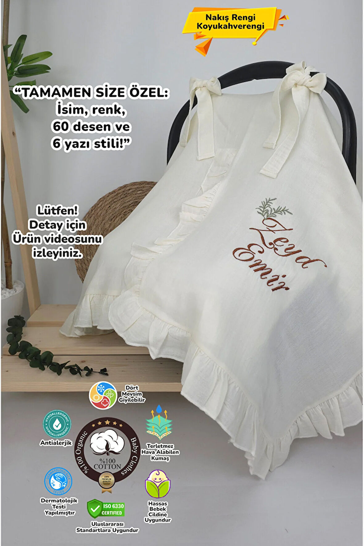 Müslin Yeni Doğan 4Katlı Organik %100Pamuk Kişiye Özgü Nakışlı Hastane Çıkış Seti(İkili Dal Model-5)