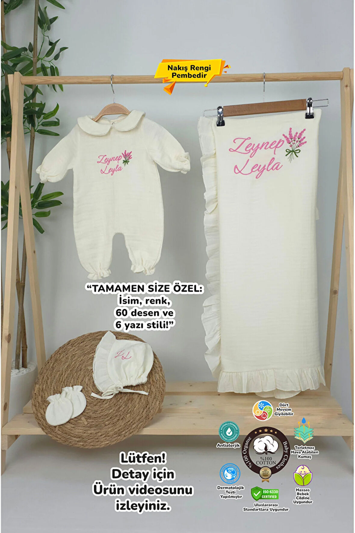 Müslin Yeni Doğan 4Katlı Organik %100Pamuk Kişiye Özgü Nakışlı Hastane Çıkış Seti (Lavanta Model-2)