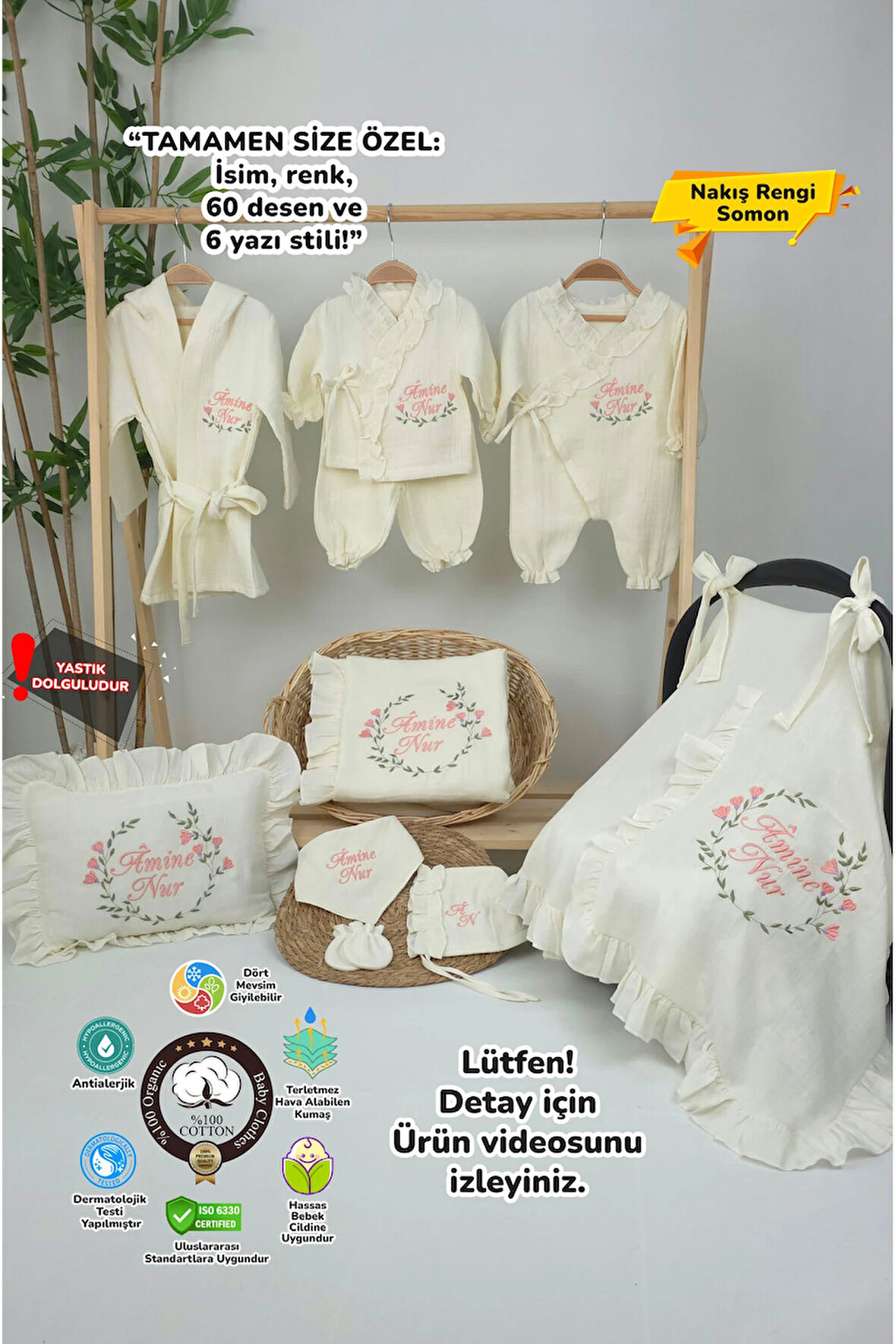 Müslin Yeni Doğan 4Katlı Organik %100Pamuk Kişiye Özgü Nakışlı Hastane Çıkış Seti (Çiçek Model-2)