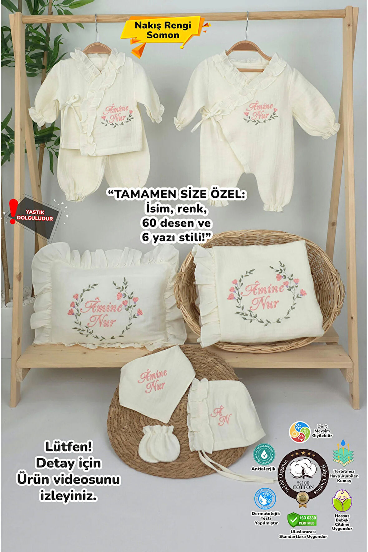 Müslin Yeni Doğan 4Katlı Organik %100Pamuk Kişiye Özgü Nakışlı Hastane Çıkış Seti (Çiçek Model-2)