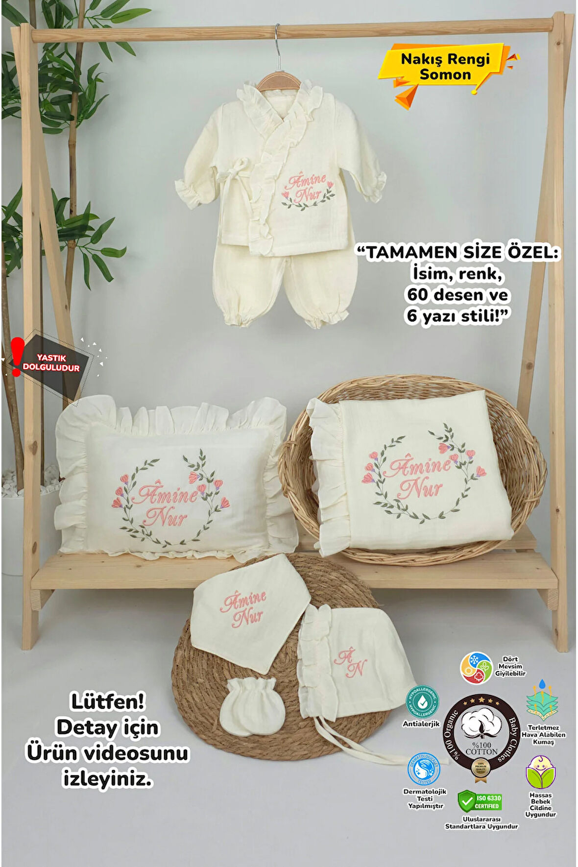 Müslin Yeni Doğan 4Katlı Organik %100Pamuk Kişiye Özgü Nakışlı Hastane Çıkış Seti (Çiçek Model-2)