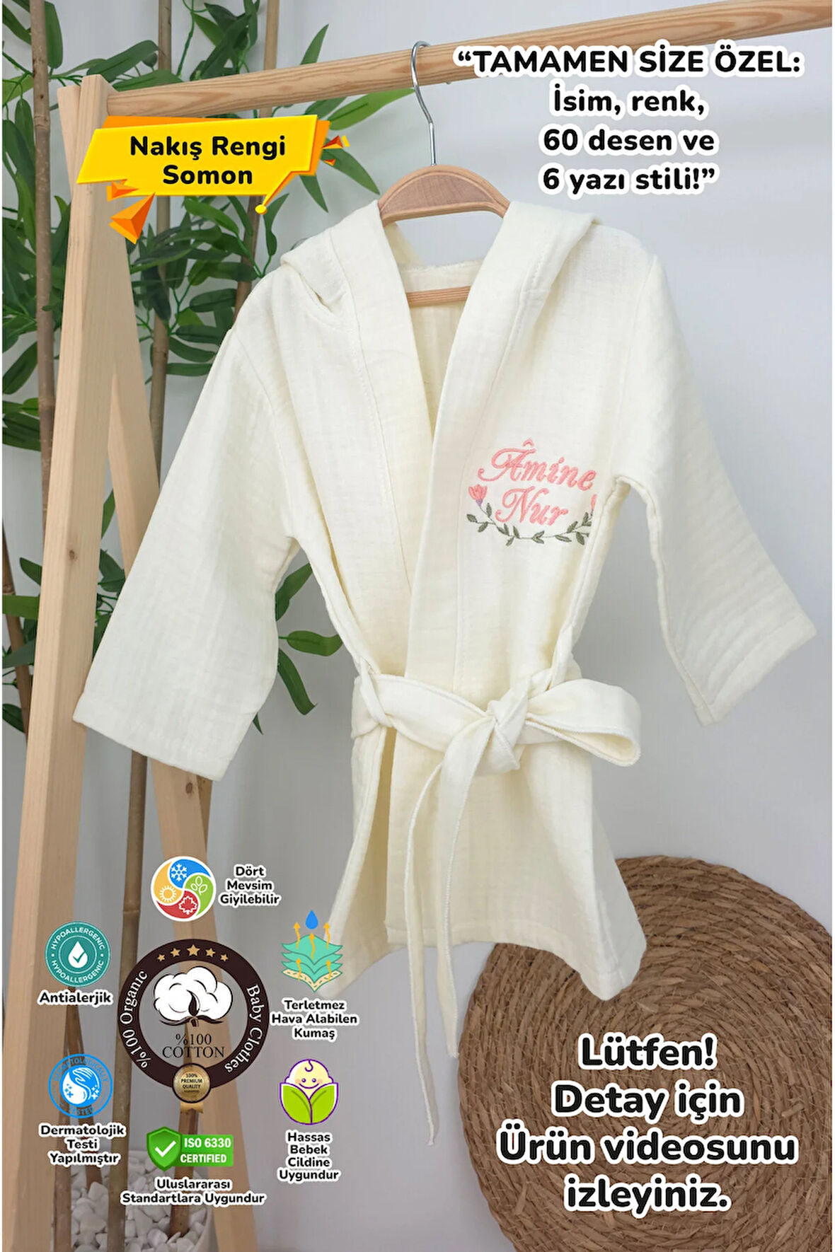 Müslin Yeni Doğan 4Katlı Organik %100Pamuk Kişiye Özgü Nakışlı Hastane Çıkış Seti (Çiçek Model-2)