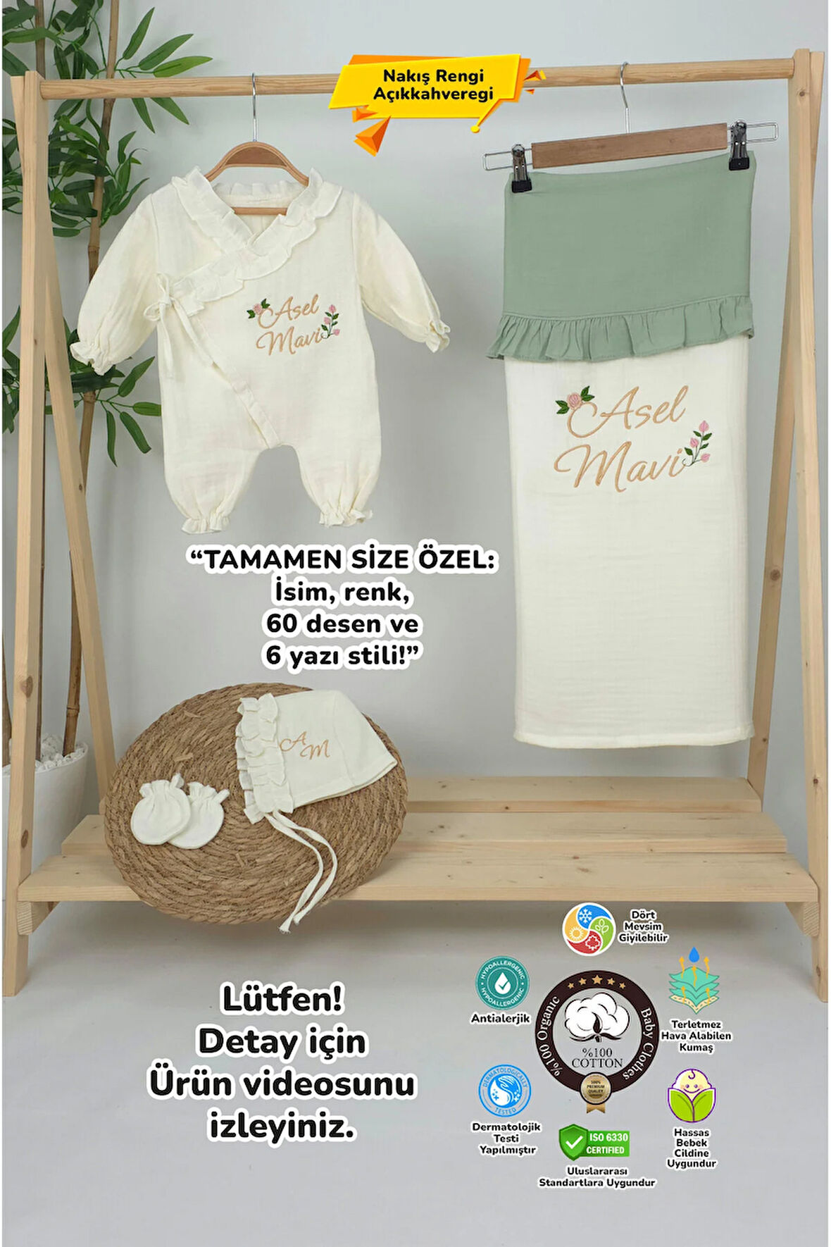 Müslin Yeni Doğan 4Katlı Organik %100Pamuk Kişiye Özgü Nakışlı Hastane Çıkış Seti (Güllü Model-5)