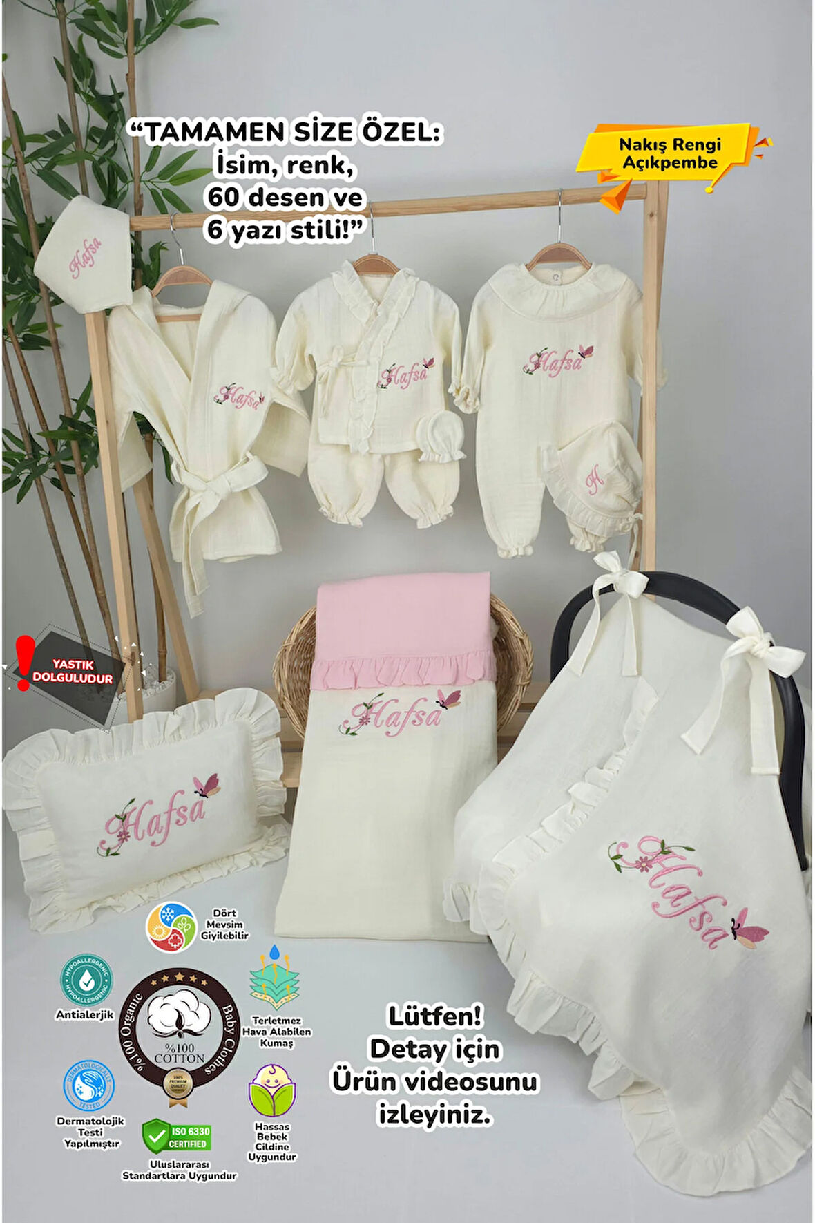 Müslin Yeni Doğan 4Katlı Organik %100Pamuk Kişiye Özgü Nakışlı Hastane Çıkış Seti(Kelebekli Papatya)