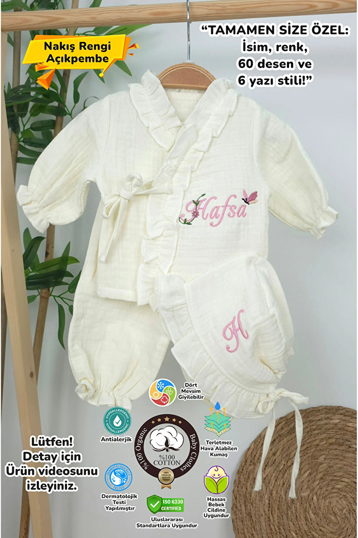 Müslin Yeni Doğan 4Katlı Organik %100Pamuk Kişiye Özgü Nakışlı Hastane Çıkış Seti(Kelebekli Papatya)