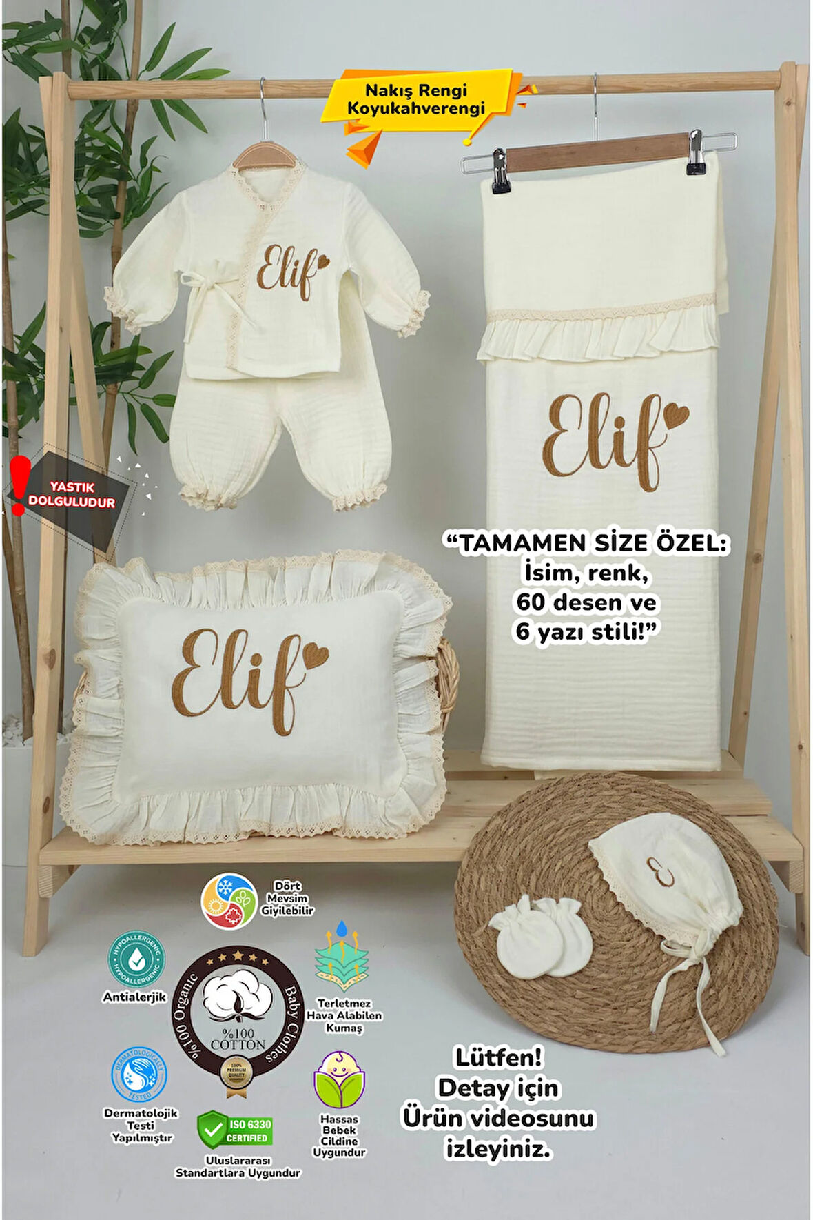 Müslin Yeni Doğan 4Katlı Organik %100Pamuk Kişiye Özgü Nakışlı Hastane Çıkış Seti (Kalpli Model-8)