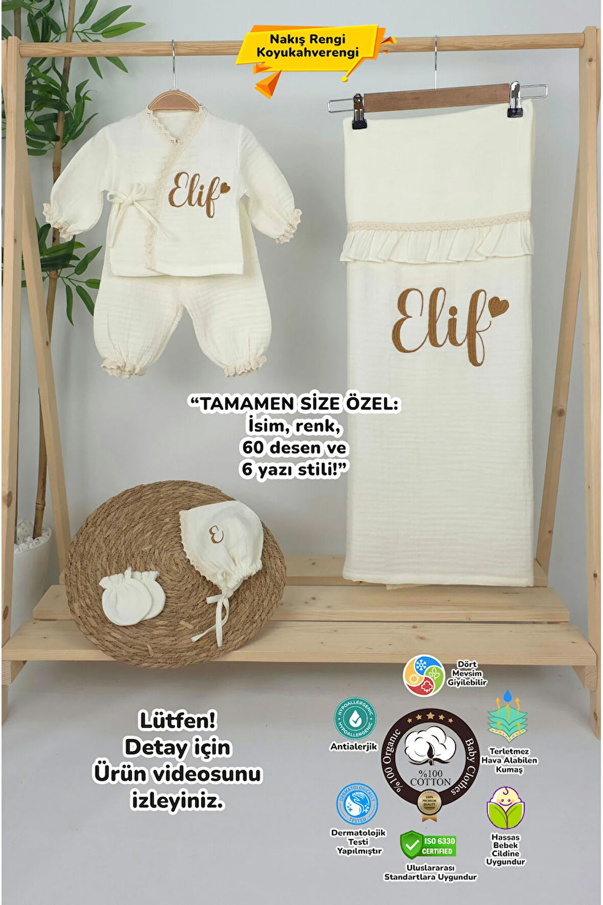 Müslin Yeni Doğan 4Katlı Organik %100Pamuk Kişiye Özgü Nakışlı Hastane Çıkış Seti (Kalpli Model-8)