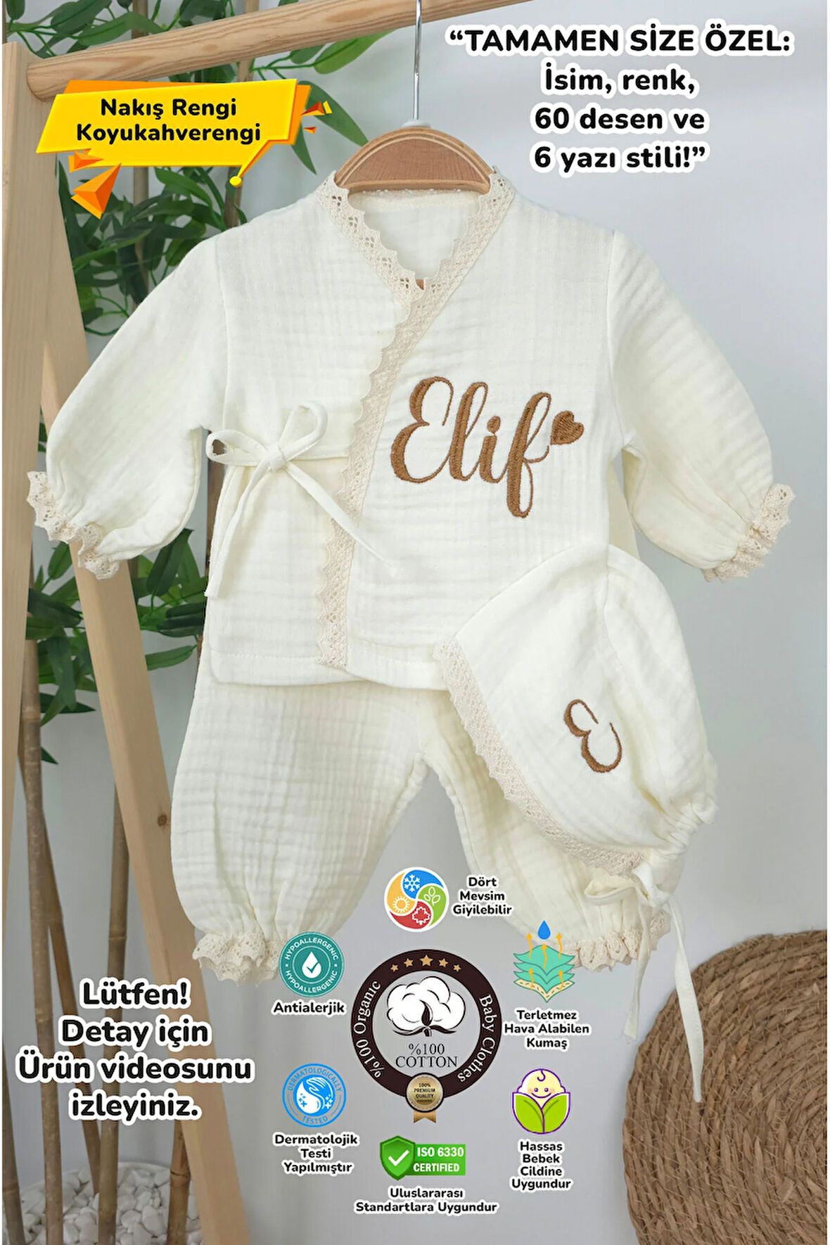 Müslin Yeni Doğan 4Katlı Organik %100Pamuk Kişiye Özgü Nakışlı Hastane Çıkış Seti (Kalpli Model-8)