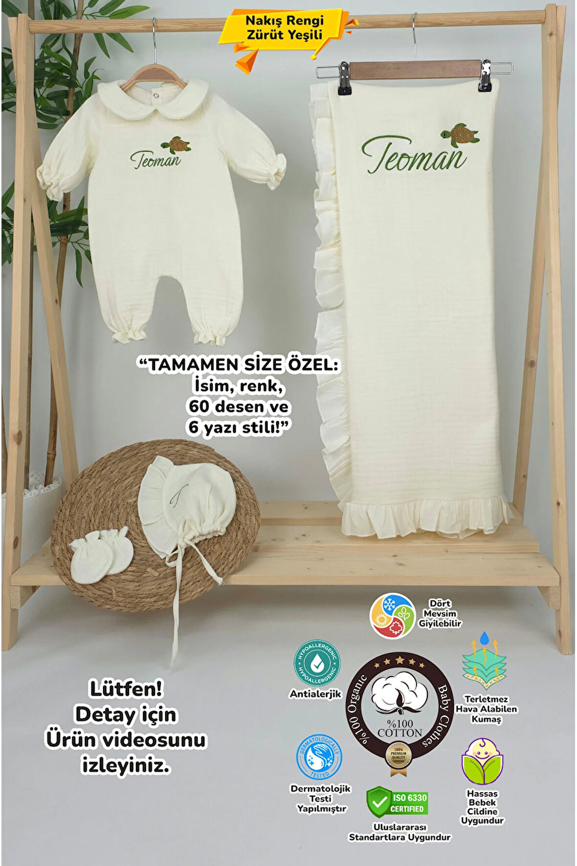 Müslin Yeni Doğan 4Katlı Organik %100Pamuk Kişiye Özgü Nakışlı Hastane Çıkış Seti (Kablunbağa Model)