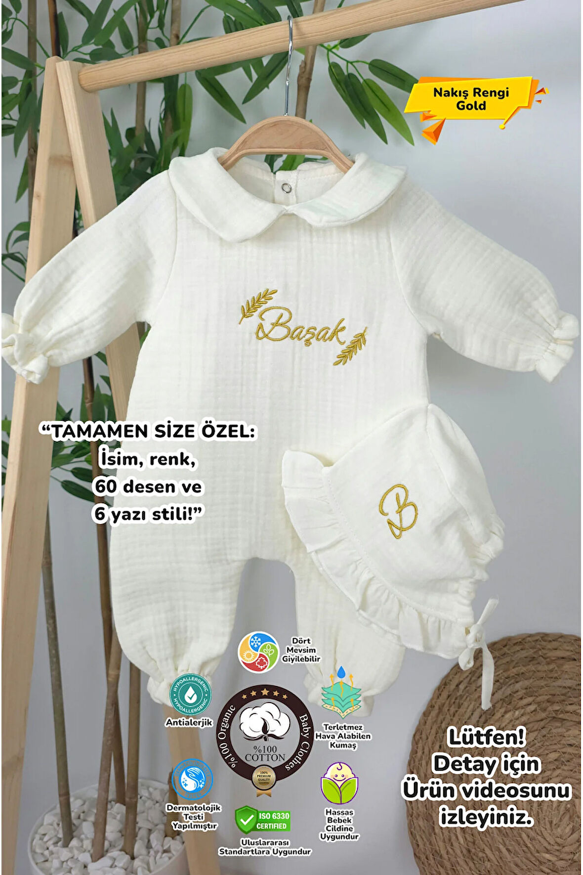 Müslin Yeni Doğan 4Katlı Organik %100Pamuk Kişiye Özgü Nakışlı Hastane Çıkış Seti-Başak Model