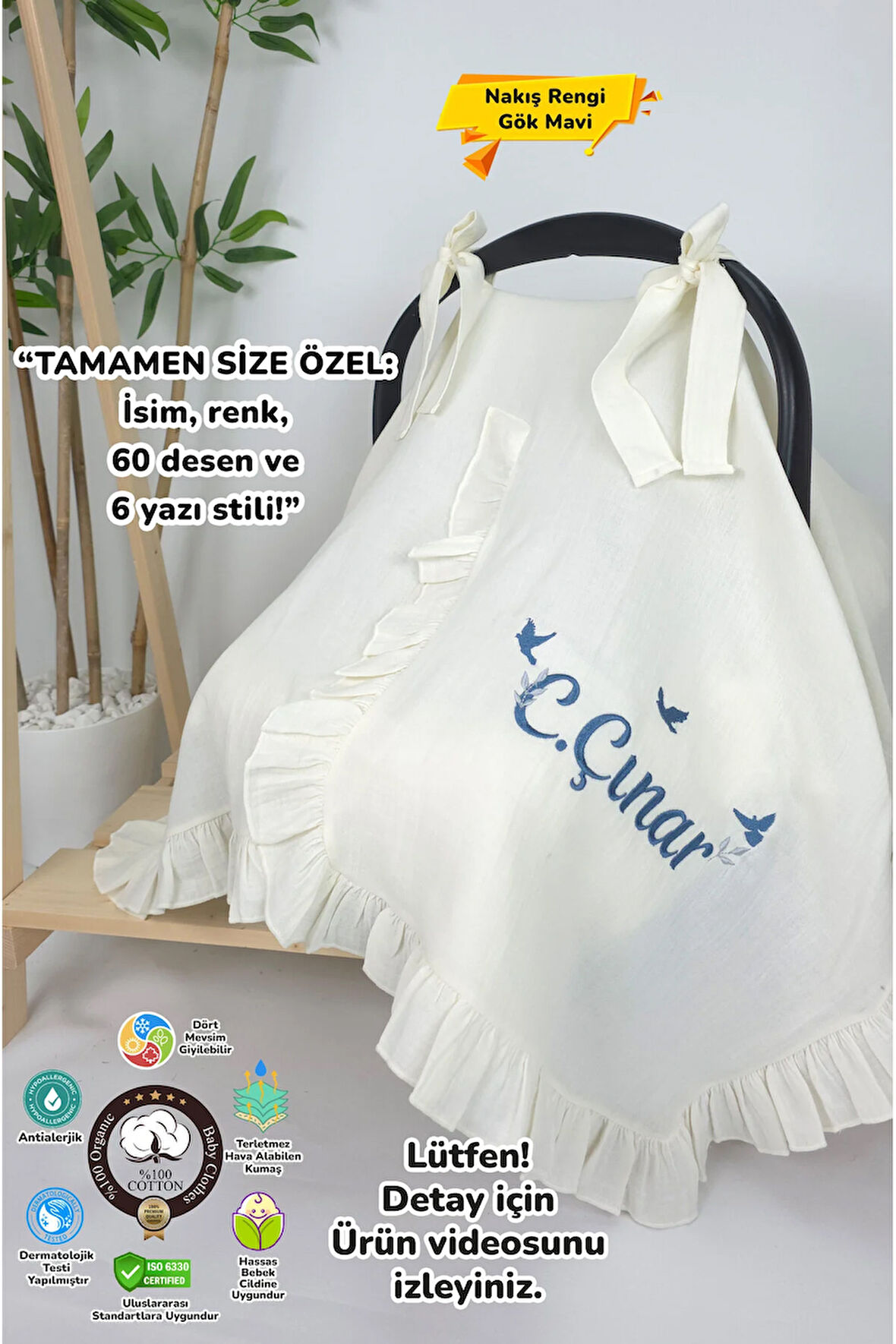 Müslin Yeni Doğan 4Katlı Organik %100Pamuk Kişiye Özgü Nakışlı Hastane Çıkış Seti-3'Lü Kuş Model