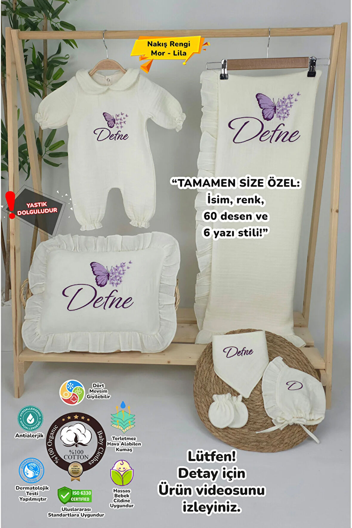 Müslin Yeni Doğan 4Katlı Organik %100Pamuk Kişiye Özgü Nakışlı Hastane Çıkış Seti-Çoklu Kelebek