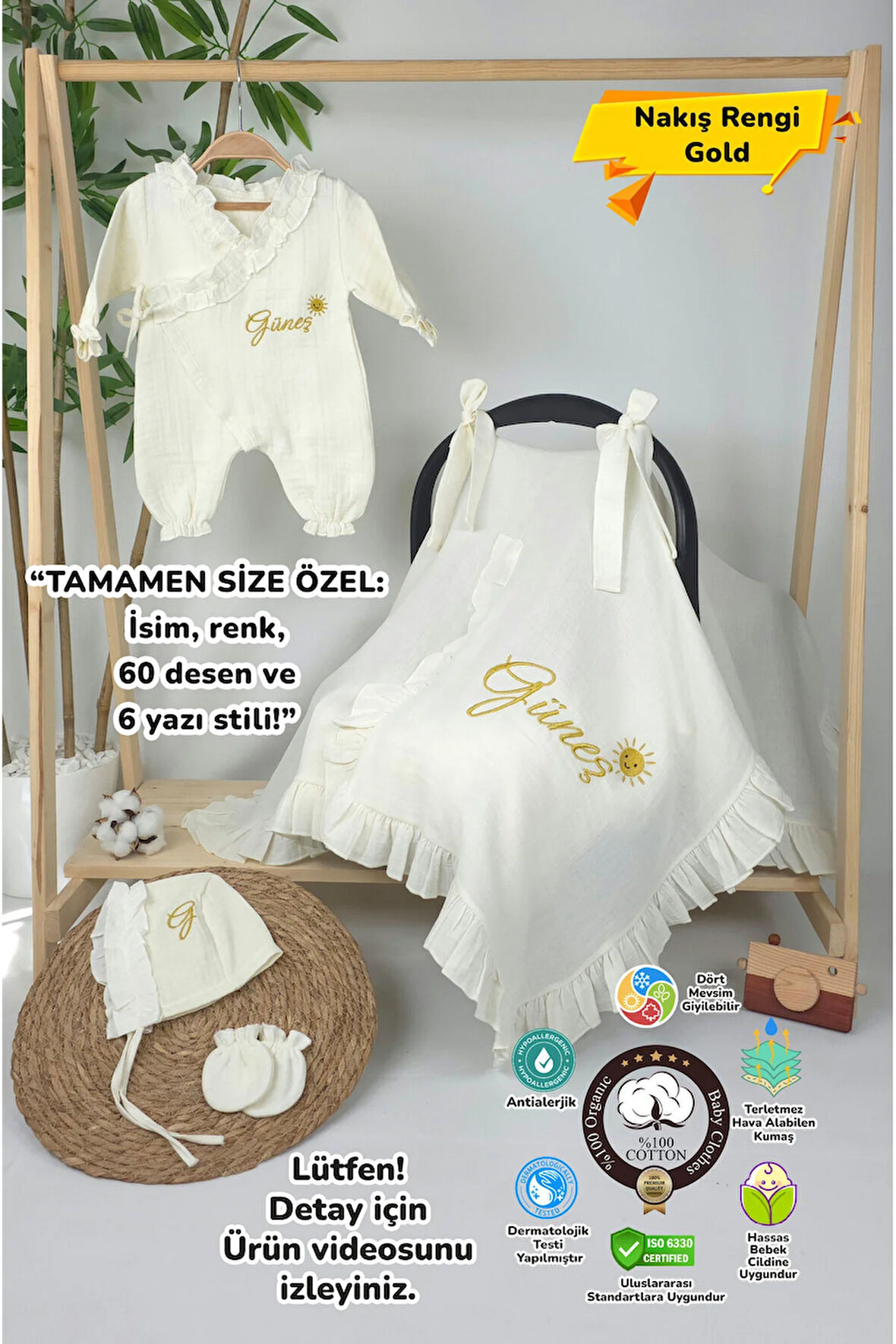 Müslin Yeni Doğan 4Katlı Organik %100Pamuk Kişiye Özgü Nakışlı Hastane Çıkış Seti-Güneş Model-1