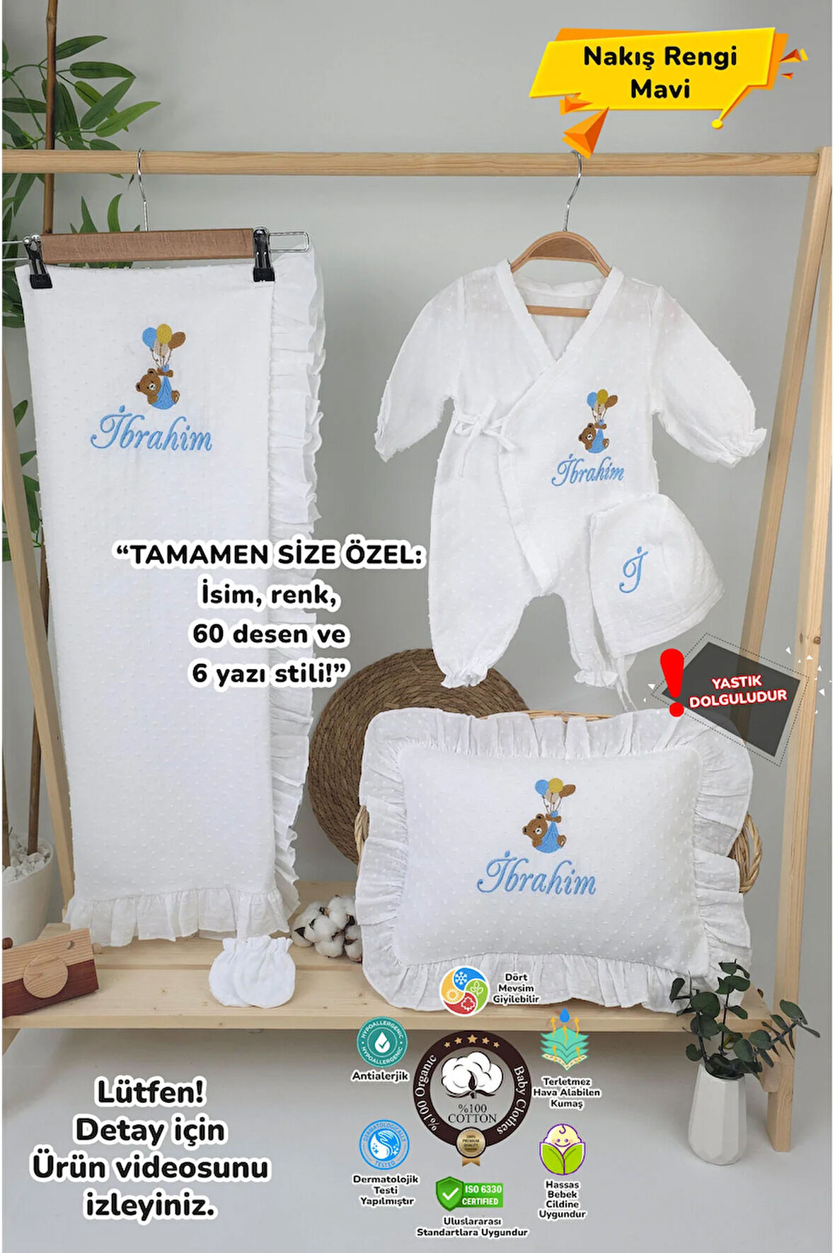 Müslin Yeni Doğan 4Katlı Organik %100Pamuk Kişiye Özgü Nakışlı Hastane Çıkış Seti-Ayıcık Model