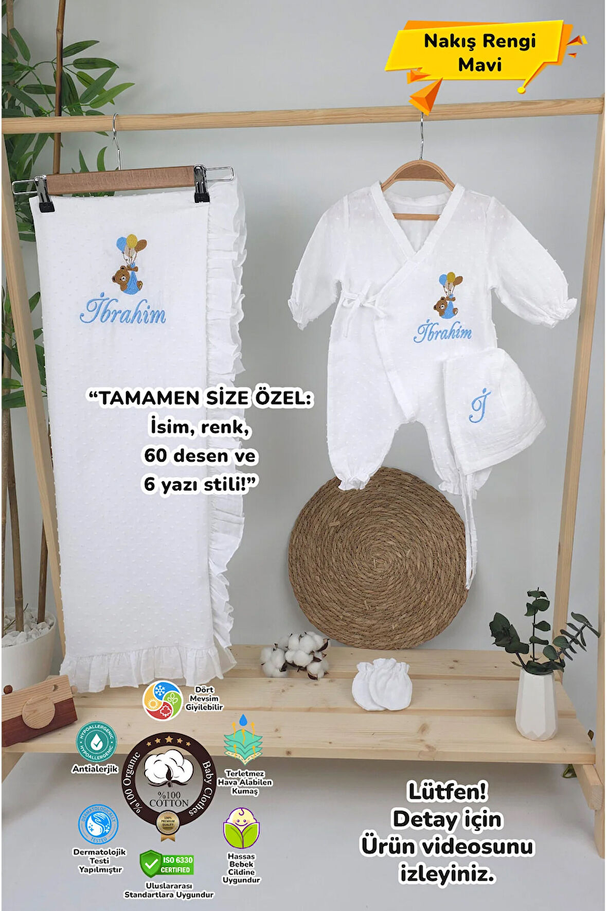 Müslin Yeni Doğan 4Katlı Organik %100Pamuk Kişiye Özgü Nakışlı Hastane Çıkış Seti-Ayıcık Model