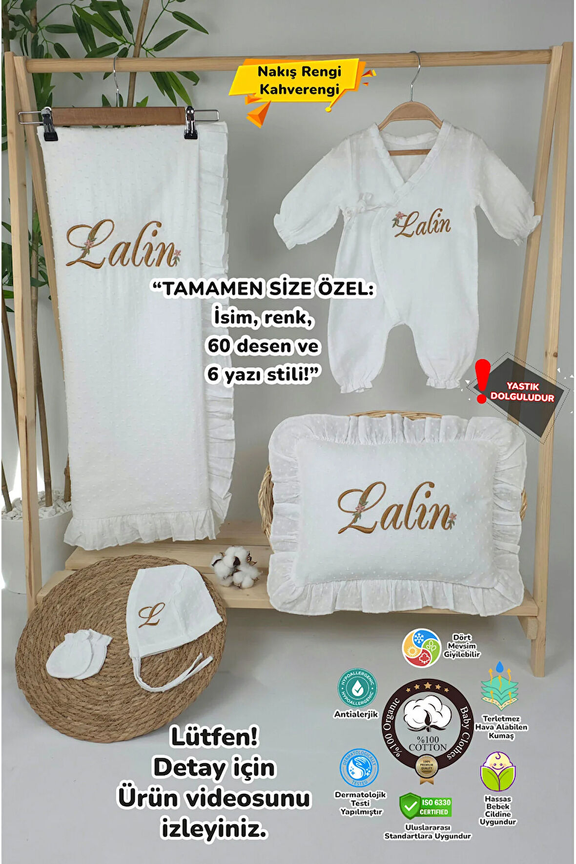 Müslin Yeni Doğan 4Katlı Organik %100Pamuk Kişiye Özgü Nakışlı Hastane Çıkış Seti-Papatya Model1