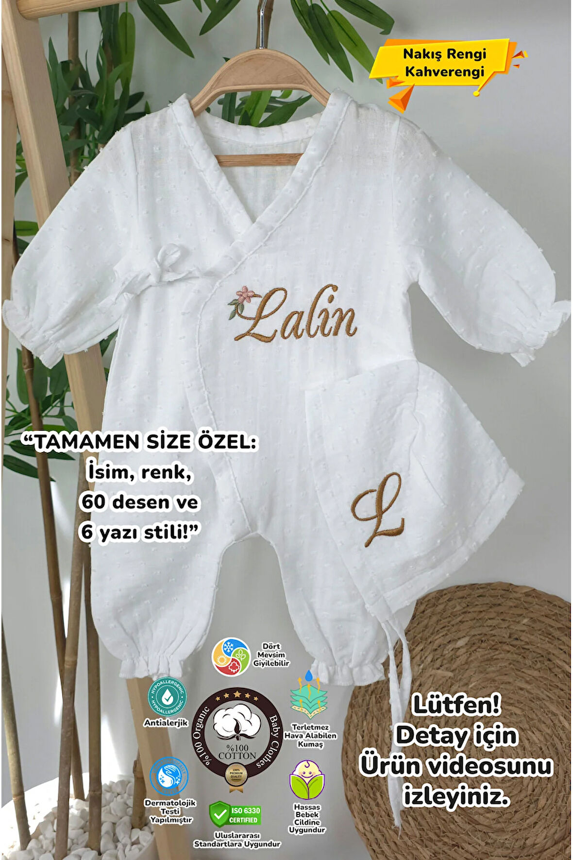 Müslin Yeni Doğan 4Katlı Organik %100Pamuk Kişiye Özgü Nakışlı Hastane Çıkış Seti-Papatya Model1