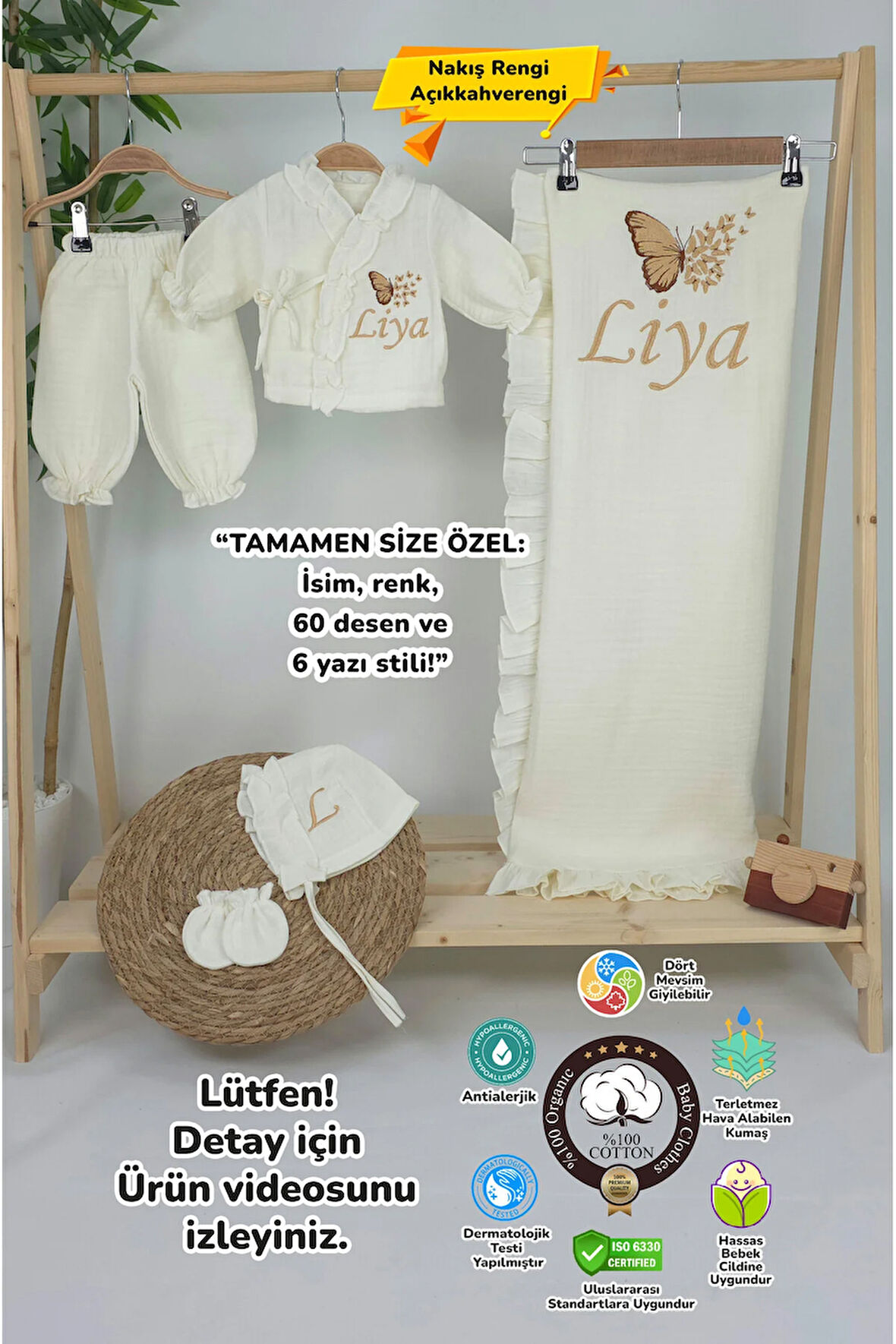 Müslin Yeni Doğan 4Katlı Organik %100Pamuk Kişiye Özgü Nakışlı Hastane Çıkış Seti-Çoklu Kelebek-2