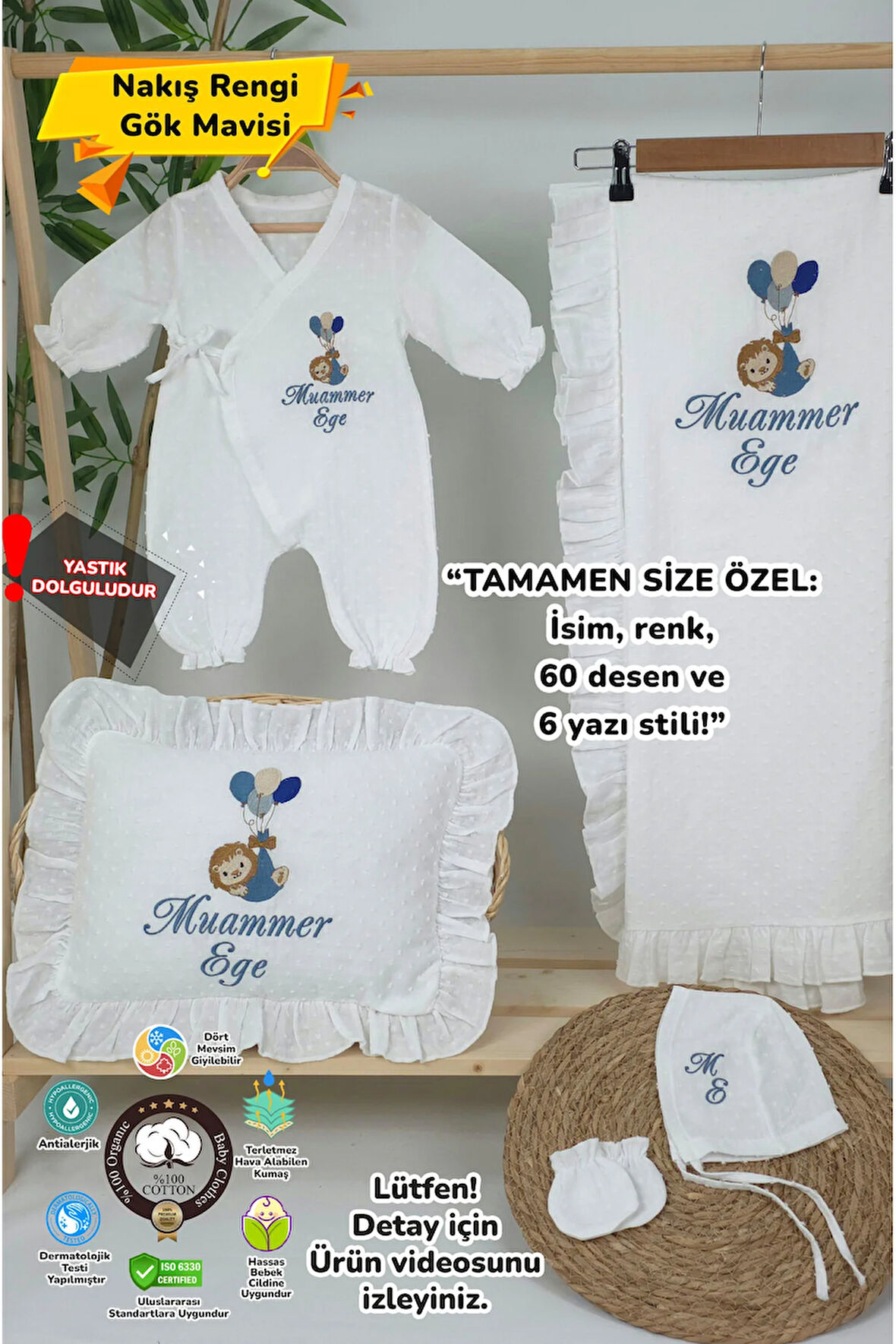 Müslin Yeni Doğan 4Katlı Organik %100Pamuk Kişiye Özgü Nakışlı Hastane Çıkış Seti (Balonlu Aslan)