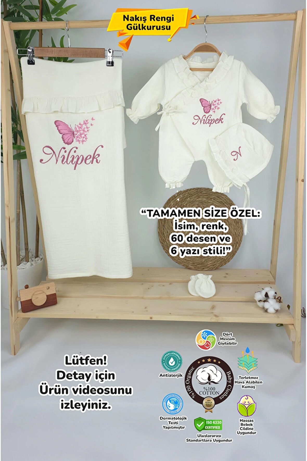 Müslin Yeni Doğan 4Katlı Organik %100Pamuk Kişiye Özgü Nakışlı Hastane Çıkış Seti (Çoklu Kelebek-2)