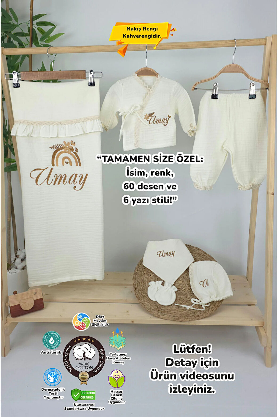 Müslin Yeni Doğan 4Katlı Organik %100Pamuk Kişiye Özgü Nakışlı Hastane Çıkış Seti(Gökkuşağı Model1)