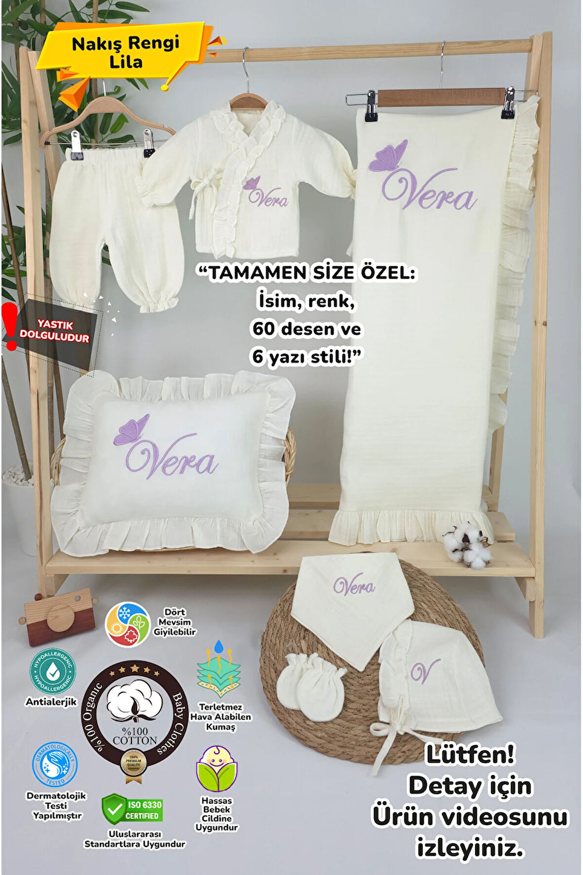 - Müslin Yeni Doğan 4Katlı Organik %100Pamuk Kişiye Özgü Nakışlı Hastane Çıkış Seti(Tekli Kelebek-1)