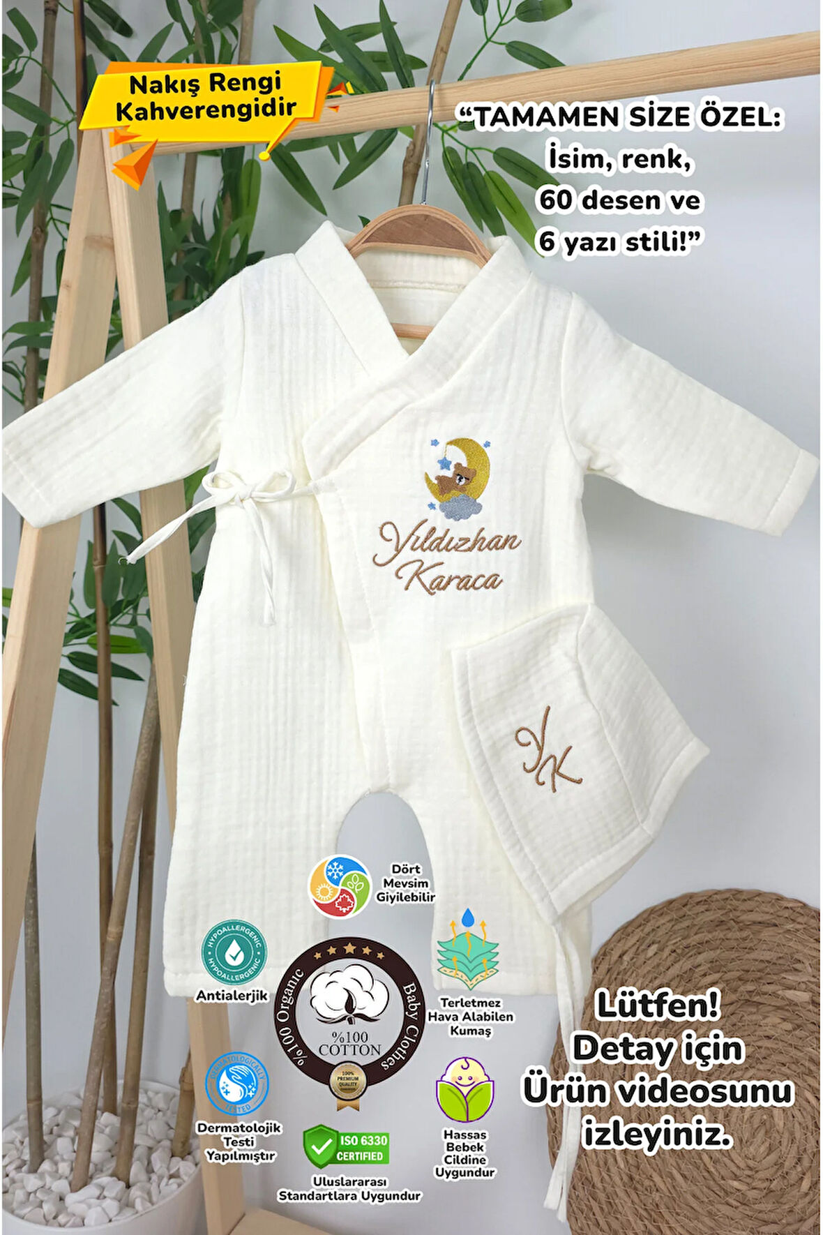 Müslin Yeni Doğan 4Katlı Organik %100Pamuk Kişiye Özgü Nakışlı Hastane Çıkış Seti(Ay YıldızlıAyıcık)