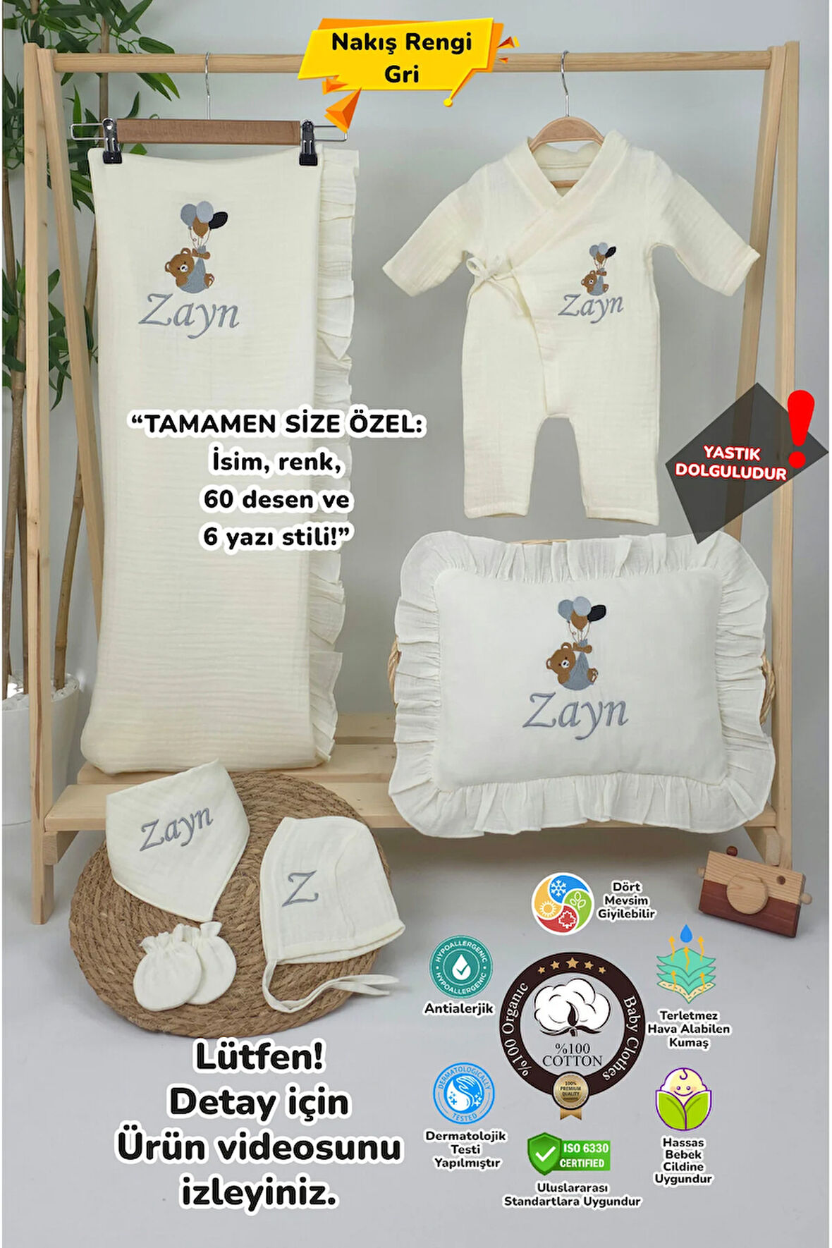 Müslin Yeni Doğan 4Katlı Organik %100Pamuk Kişiye Özgü Nakışlı Hastane Çıkış Seti (Balonlu Ayıcık-2)