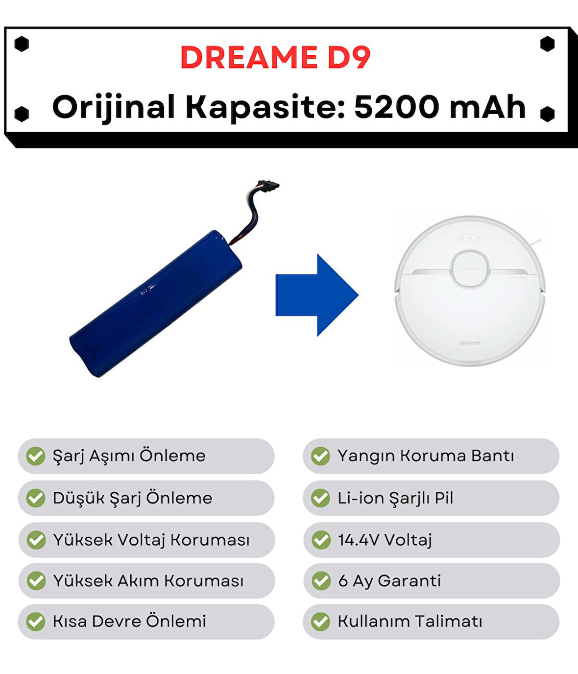 Dreame D9 Uyumlu Batarya 14.4V 5200 mAh Robot Süpürge Pili