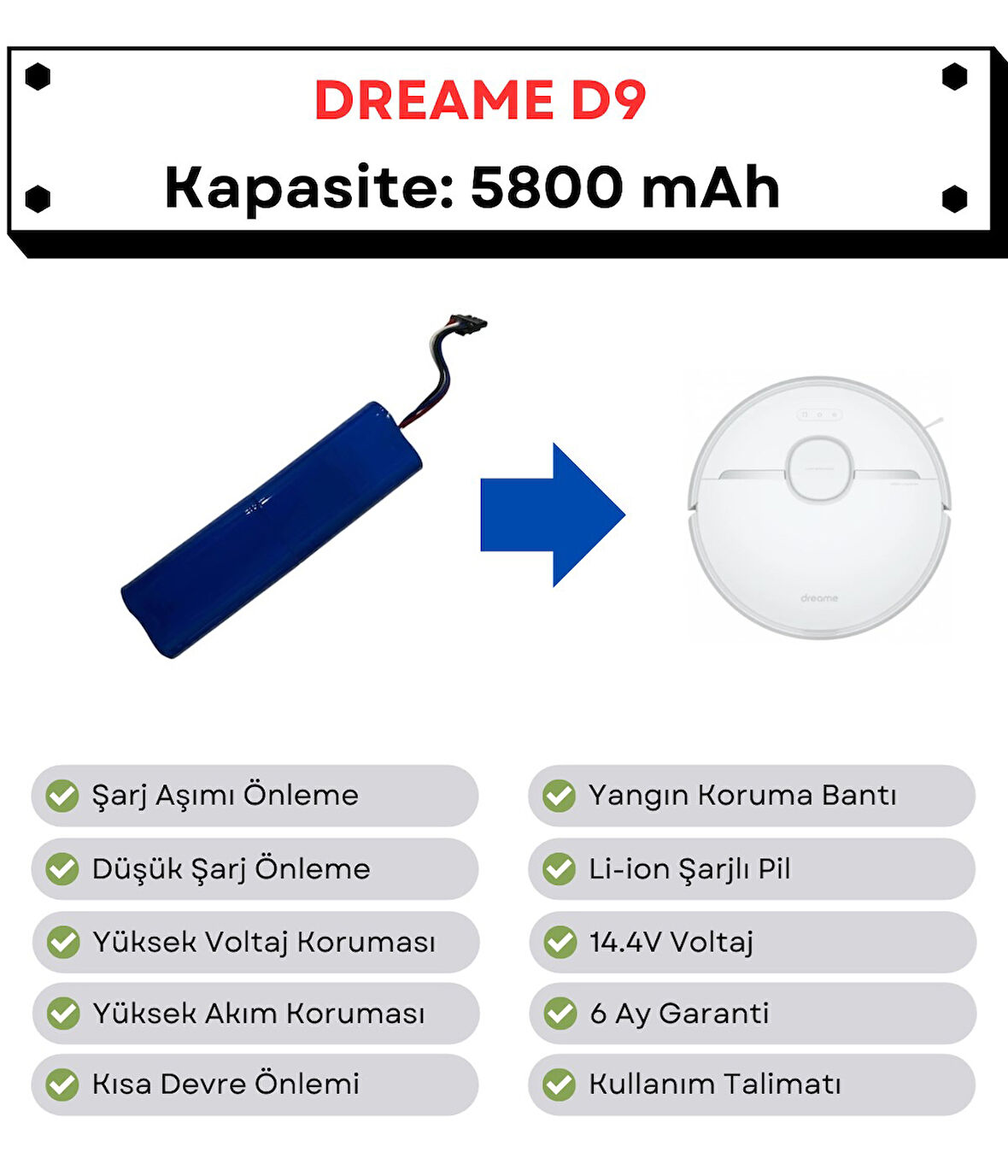 Dreame D9 Uyumlu Batarya 14.4V 5800 mAh Robot Süpürge Pili