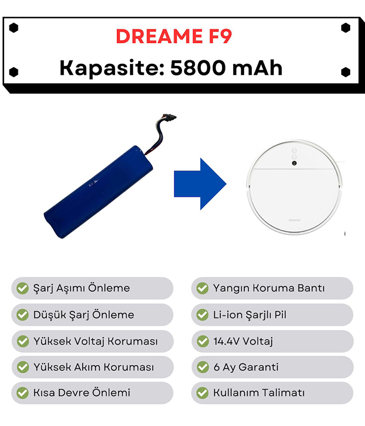 Dreame F9 Uyumlu Batarya 14.4V 5800 mAh Robot Süpürge Pili