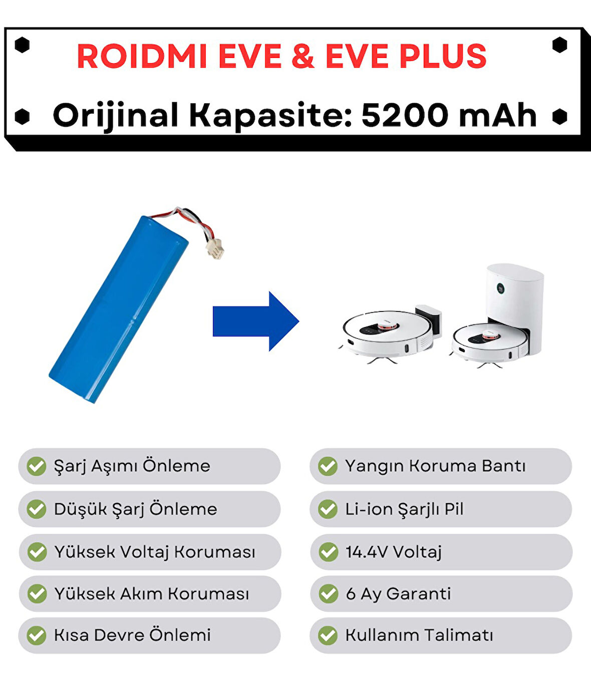 Roidmi Eve Plus Uyumlu Batarya 14.4V 5200 mAh Robot Süpürge Pili