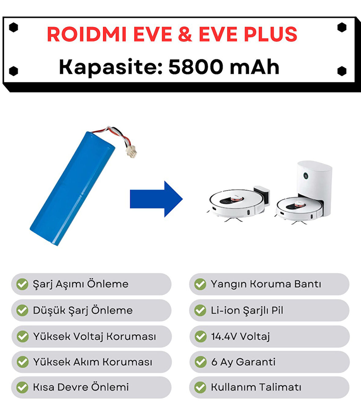 Roidmi Eve Plus Uyumlu Batarya 14.4V 5800 mAh Robot Süpürge Pili