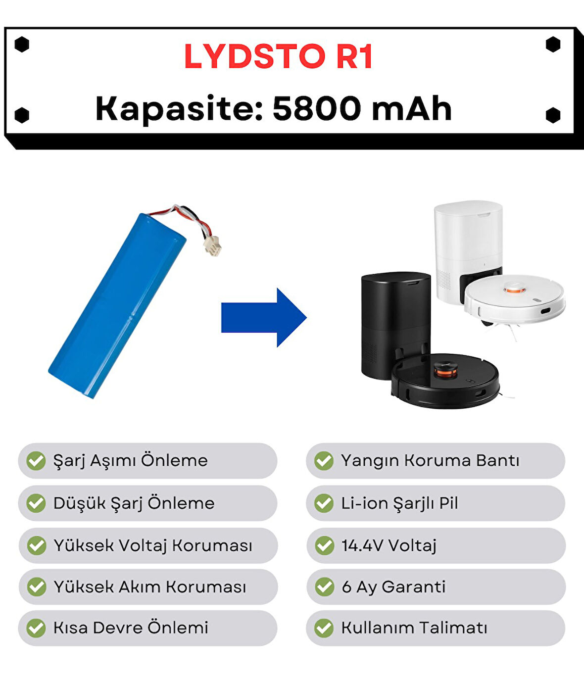 Lydsto R1 Uyumlu Batarya 14.4V 5800 mAh Robot Süpürge Pili