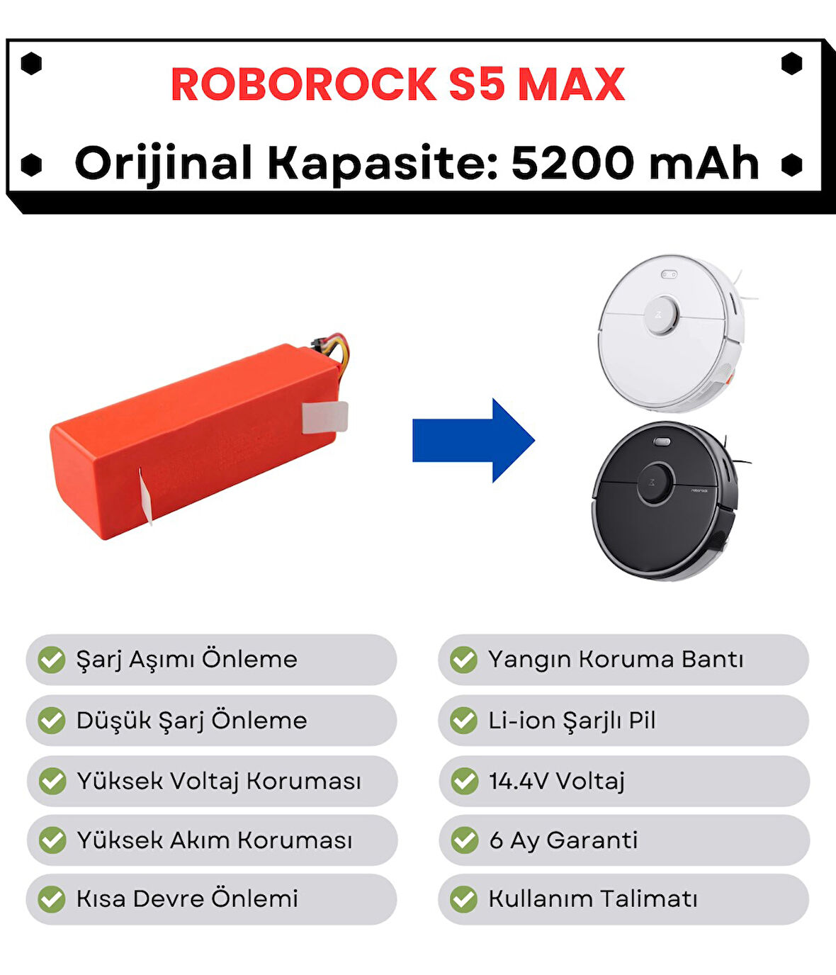 Roborock S5 Max Uyumlu Batarya 14.4V 5200 mAh Orijinal Kapasite Robot Süpürge Pili