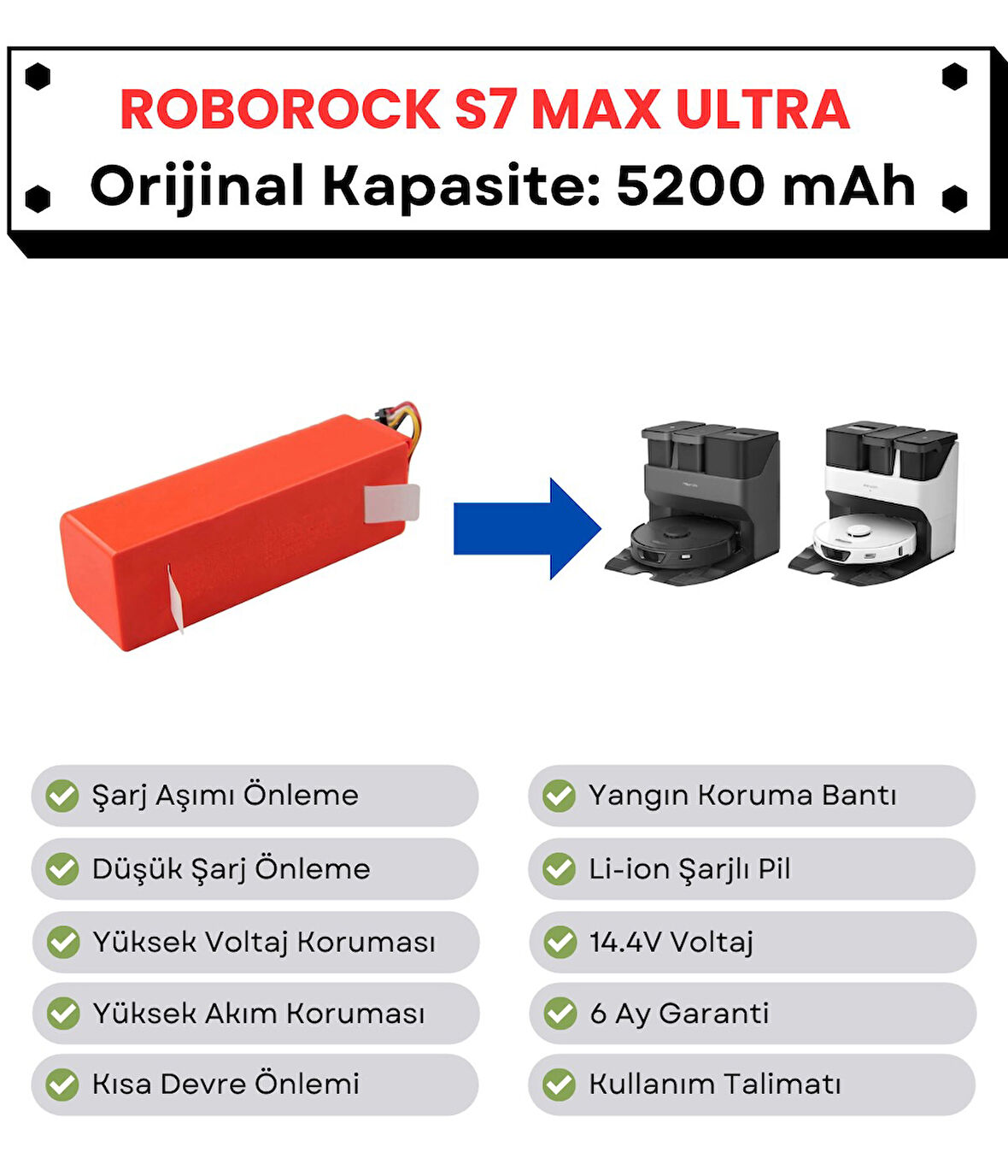 Roborock S7 Max Ultra Uyumlu Batarya 14.4V 5200 mAh Orijinal Kapasite Robot Süpürge Pili