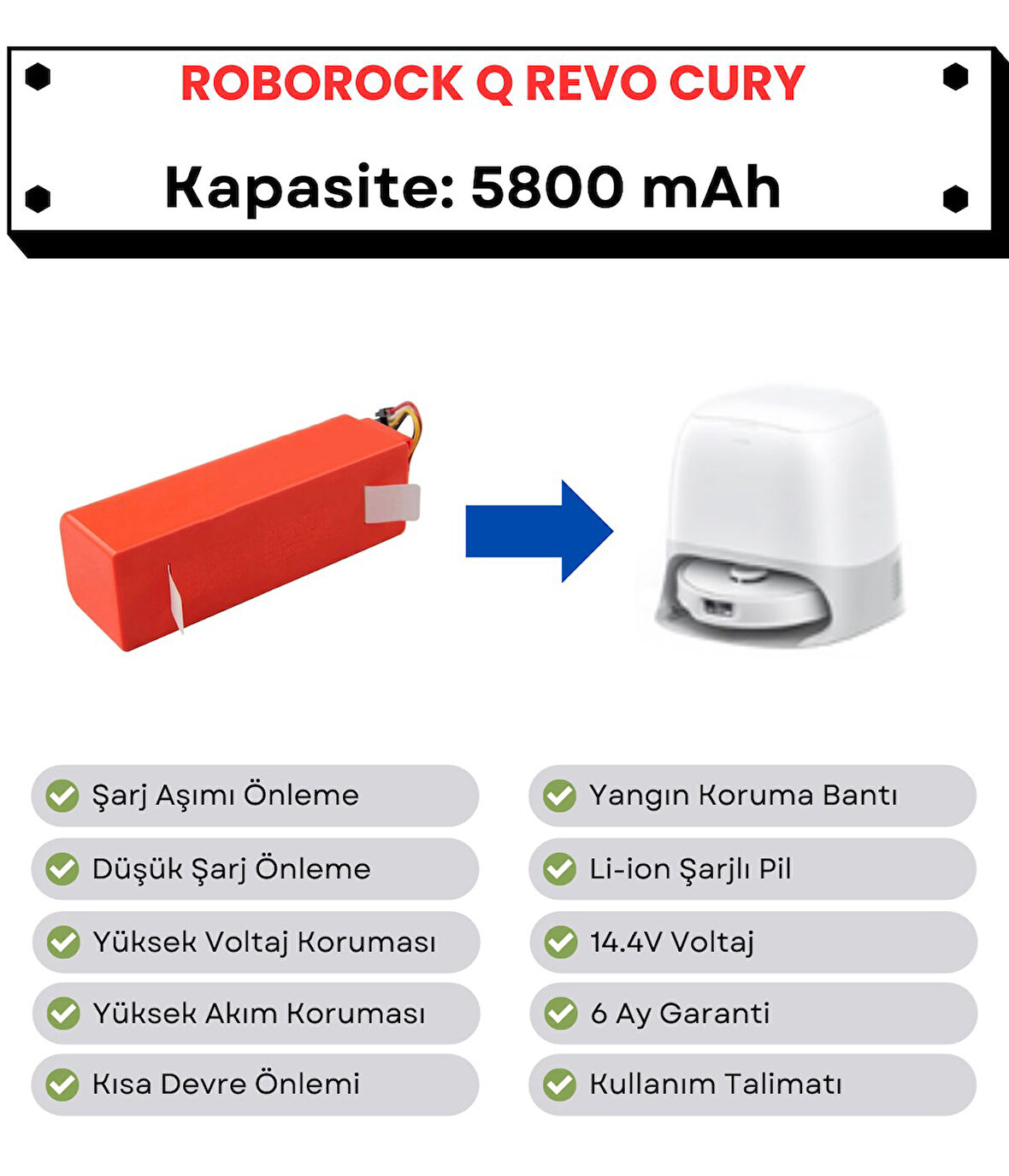 Roborock QRevo Curv Uyumlu Batarya 14.4V 5800 mAh Robot Süpürge Pili