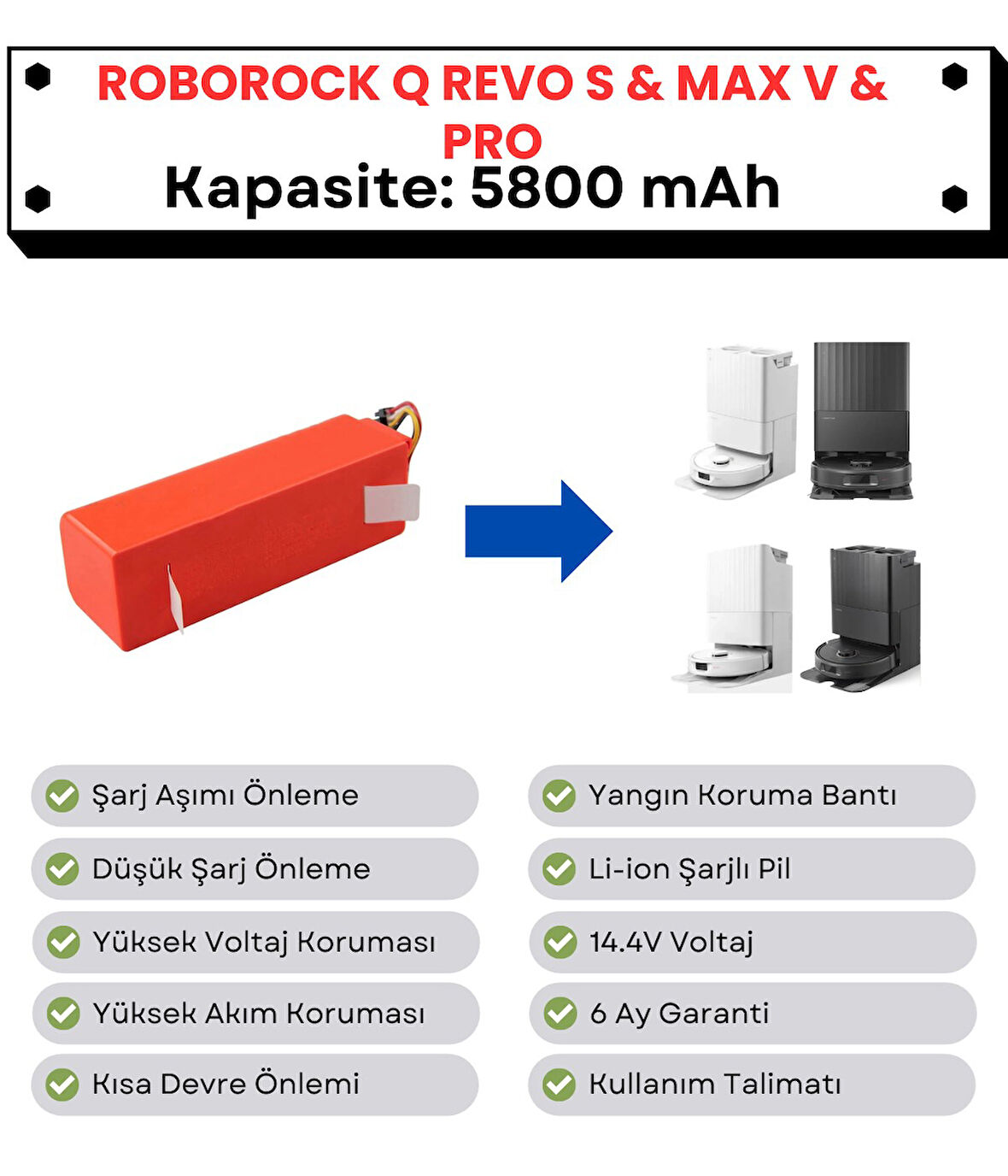 Roborock QRevo S Uyumlu Batarya 14.4V 5800 mAh Robot Süpürge Pili